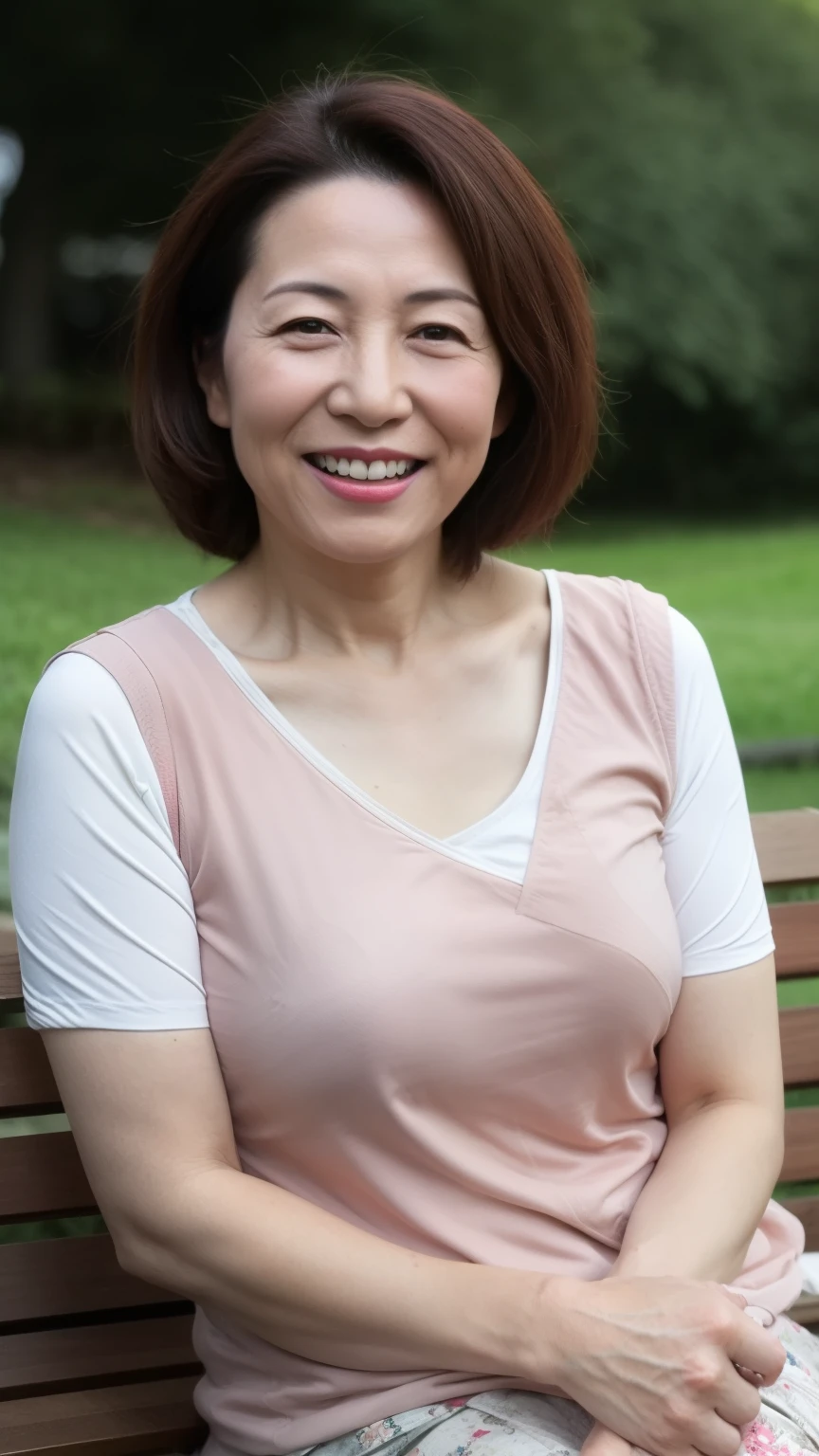 sitting on a park bench, Wrinkles around the eyes, Smiling with teeth showing, Plain short-sleeved clothing, senior citizen, Draw lips correctly, Red lipstick, No discomfort, 16K, Highest quality, Very detailed, Realistic, Very detailed肌, Japanese, alone, 60 years old, Large Breasts, , Glamour, sexy, , Staring straight ahead,