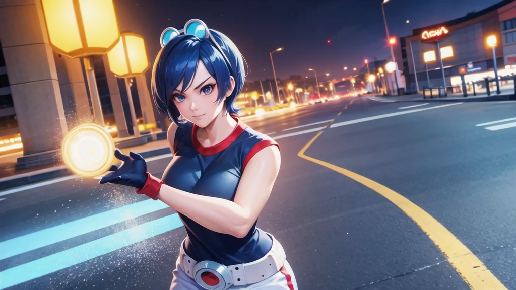 (at night), in a video game scene, a background of a beautiful city during the day raining, standing at attention, semi-short blue hair, blouse with an anime frog face, white flared pants, wearing blue fingerless exercise gloves, has round goggles on her head, huge belt with a round eyeglass, ((blue hair)), 1 girl, alone, 20 years old, young woman, perfect hands, beautiful fingers, beautiful long legs, beautiful body, beautiful nose, beautiful design of characters, perfect face, looking at the viewer with serious gesture (focusing on his face), closed mouth, Light_Smile, official art, extremely detailed CG unity 8k wallpaper, perfect lighting, bright and colorful front lighting, glowing skin (masterpiece : 1.0), (best_quality: 1.0), ultra high resolution, 4K, ultra detailed photography, 8K, HDR, high resolution, nonsense:1.2, Kodak portra 400, film grain, background blur, bokeh:1.2, lens flare, (vibrant_color:1.2), professional photography, (beautiful_face: 1.5), (narrow waist),
