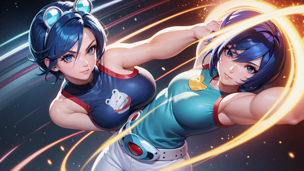 (at night), in a video game scene, a background of a beautiful city during the day raining, standing at attention, semi-short blue hair, blouse with an anime frog face, white flared pants, wearing blue fingerless exercise gloves, has round goggles on her head, huge belt with a round eyeglass, ((blue hair)), 1 girl, alone, 20 years old, young woman, perfect hands, beautiful fingers, beautiful long legs, beautiful body, beautiful nose, beautiful design of characters, perfect face, looking at the viewer with serious gesture (focusing on his face), closed mouth, Light_Smile, official art, extremely detailed CG unity 8k wallpaper, perfect lighting, bright and colorful front lighting, glowing skin (masterpiece : 1.0), (best_quality: 1.0), ultra high resolution, 4K, ultra detailed photography, 8K, HDR, high resolution, nonsense:1.2, Kodak portra 400, film grain, background blur, bokeh:1.2, lens flare, (vibrant_color:1.2), professional photography, (beautiful_face: 1.5), (narrow waist),