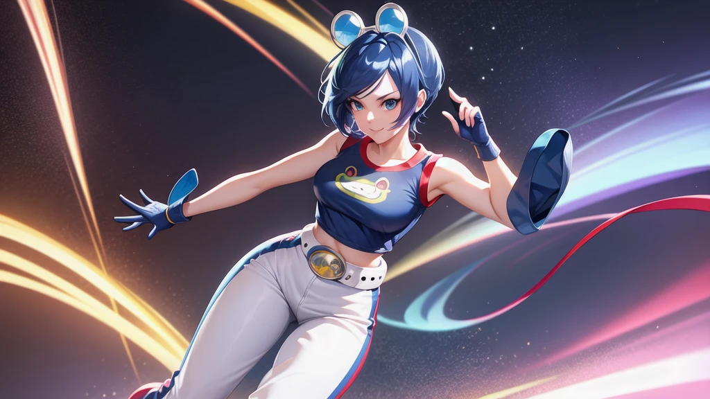 (at night), in a video game scene, a background of a beautiful city during the day raining, standing at attention, semi-short blue hair, blouse with an anime frog face, white flared pants, wearing blue fingerless exercise gloves, has round goggles on her head, huge belt with a round eyeglass, ((blue hair)), 1 girl, alone, 20 years old, young woman, perfect hands, beautiful fingers, beautiful long legs, beautiful body, beautiful nose, beautiful design of characters, perfect face, looking at the viewer with serious gesture (focusing on his face), closed mouth, Light_Smile, official art, extremely detailed CG unity 8k wallpaper, perfect lighting, bright and colorful front lighting, glowing skin (masterpiece : 1.0), (best_quality: 1.0), ultra high resolution, 4K, ultra detailed photography, 8K, HDR, high resolution, nonsense:1.2, Kodak portra 400, film grain, background blur, bokeh:1.2, lens flare, (vibrant_color:1.2), professional photography, (beautiful_face: 1.5), (narrow waist),