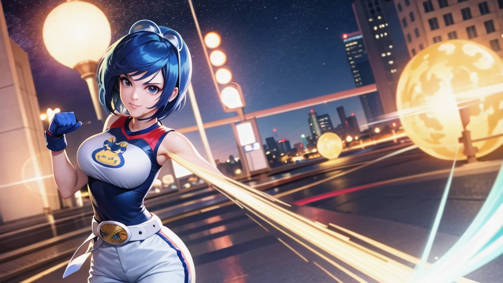 (at night), in a video game scene, a background of a beautiful city during the day raining, standing at attention, semi-short blue hair, blouse with an anime frog face, white flared pants, wearing blue fingerless exercise gloves, has round goggles on her head, huge belt with a round eyeglass, ((blue hair)), 1 girl, alone, 20 years old, young woman, perfect hands, beautiful fingers, beautiful long legs, beautiful body, beautiful nose, beautiful design of characters, perfect face, looking at the viewer with serious gesture (focusing on his face), closed mouth, Light_Smile, official art, extremely detailed CG unity 8k wallpaper, perfect lighting, bright and colorful front lighting, glowing skin (masterpiece : 1.0), (best_quality: 1.0), ultra high resolution, 4K, ultra detailed photography, 8K, HDR, high resolution, nonsense:1.2, Kodak portra 400, film grain, background blur, bokeh:1.2, lens flare, (vibrant_color:1.2), professional photography, (beautiful_face: 1.5), (narrow waist),
