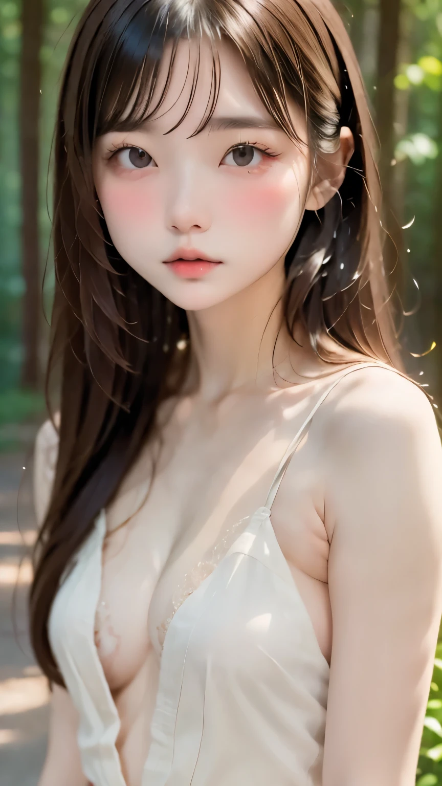 Highest quality、masterpiece、Ultra-high resolution、8k、Portrait、Film Grain、One Girl、Very delicate and beautiful girl、Cute Face、Very detailed、Brown Hair、Sidetail hairstyle、Gray eyes、No makeup、Small breasts、Smaller breasts、Shy:0.1、Black costume、BREAK、Outdoor、in the forest、Blurred Background、Blurred background、The background is blurred、Perfect lighting、80mmShooting with a lens、