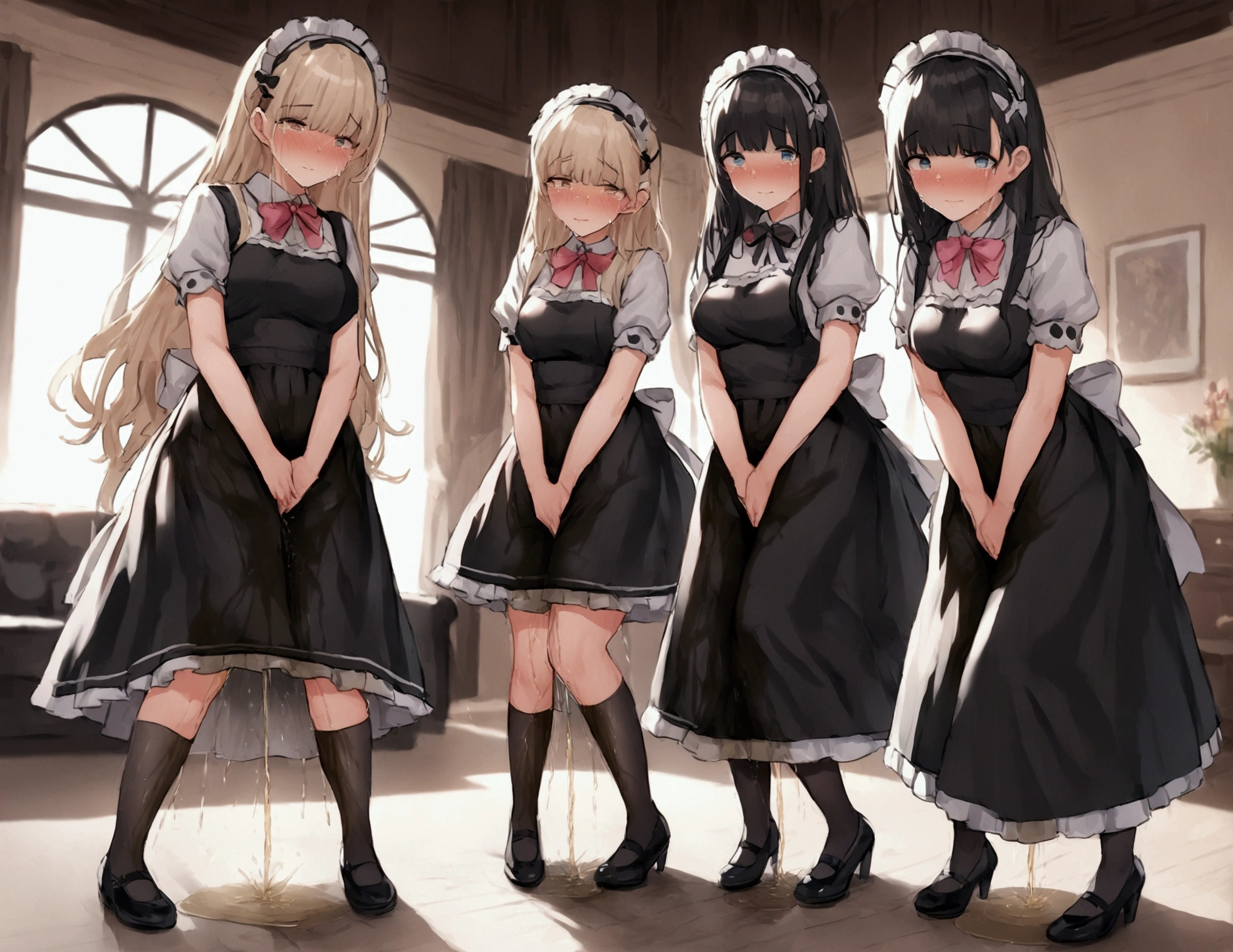 (Masterpiece, Best Quality, 8k, Sharp Focus, Depth of Field, Best Shadows Perfect Light, HDR, Realistic Skin Texture, Ultra Detailed Background, Detail), Anime Style, Harem.  5 girls.  Maids.  Long hair.  Beautiful eyes, Beautiful eyes, Expressive eyes, Beautiful nose, Ideal facial features, Ideal anatomical body.  Beautiful long legs.  Maid uniform.  Average breasts, Beautiful breasts.  They want to pee, they need to pee.  Strong, desperate urge to pee.  They keep their hands on the crotch, rubbing the crotch.  Girls can't stand straight.  They pee standing up.  Peeing on the floor.  Pissing in panties.  They pee for themselves.  5 girls unsubscribed.  Blushing, Embarrassment.  Shame, Tears in my eyes.  They're crying.  Standing at full height, full body.  Living room of a mansion.