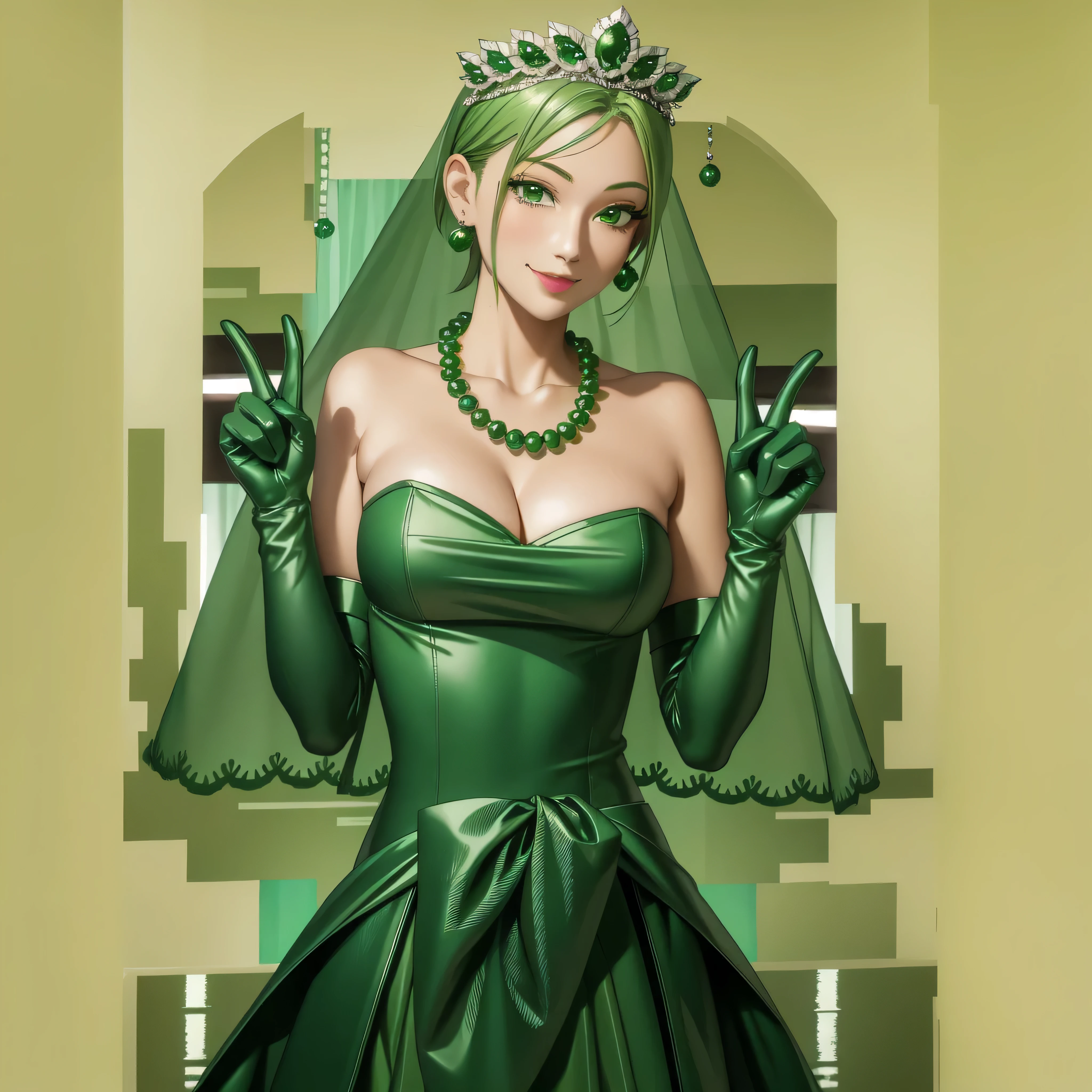 Emerald tiara, Green Pearl Necklace, Boyish very short green hair, Green Lips, Smiling Japanese woman, Very short hair, Busty beautiful lady, Green Eyes, Green satin long gloves, Green Eyes, Emerald Earrings, Green veil, All, Green Hair, Beautiful Japanese Woman, green lip gloss