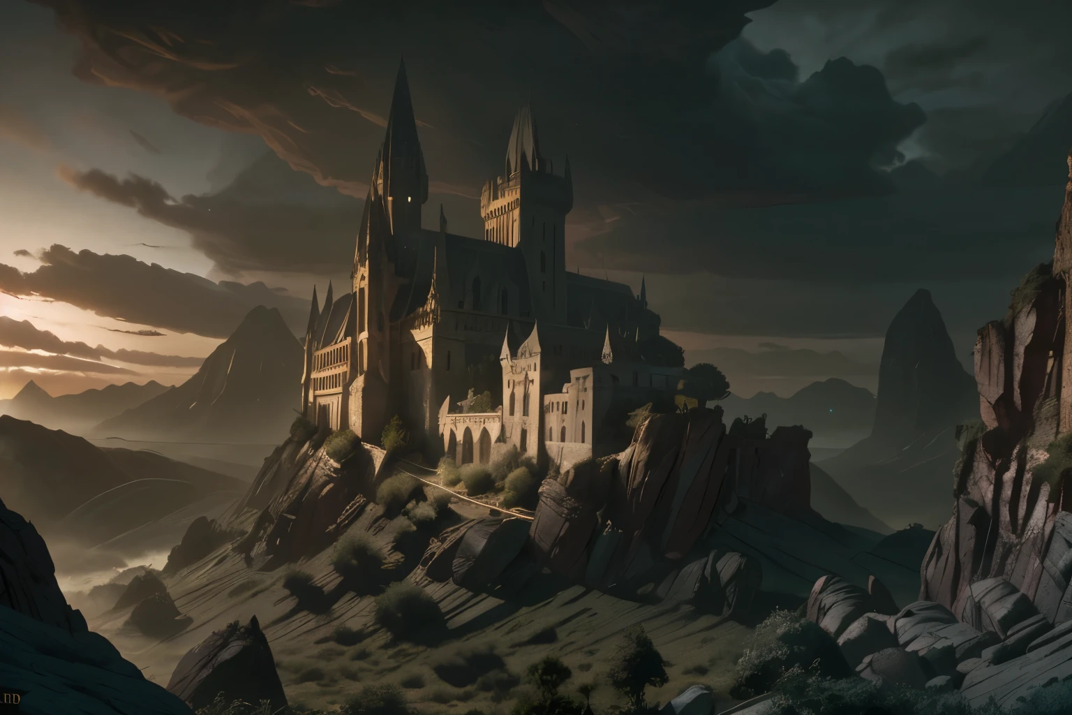 a fantasy castle in a narrow gorge surrounded by mountain, detailed castle architecture, towering spires, medieval style, lush vegetation, mysterious atmosphere, dramatic lighting, cinematic composition, epic scale, highly detailed, 8k, photorealistic, dramatic shadows, glowing windows, moody skies, intricate stonework, weathered textures