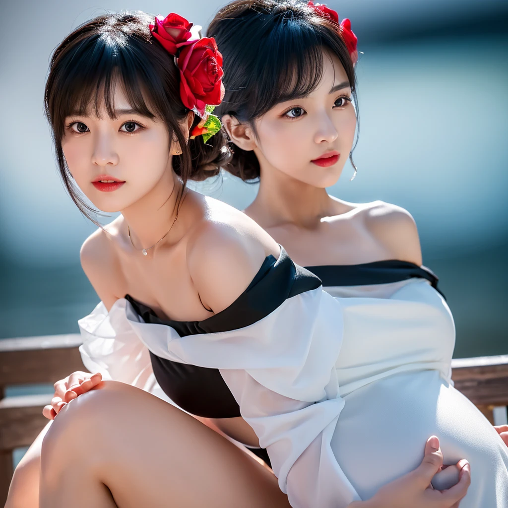 a pregnant korean woman on the beach,medium length black hair with bangs,red and black form fitting off the shoulder short knee length wedding dress,rose headband,full body view,best quality,4k,8k,highres,masterpiece:1.2,ultra-detailed,realistic,photorealistic,photo-realistic:1.37,HDR,UHD,studio lighting,ultra-fine painting,sharp focus,physically-based rendering,extreme detail description,professional,vivid colors,bokeh,portrait