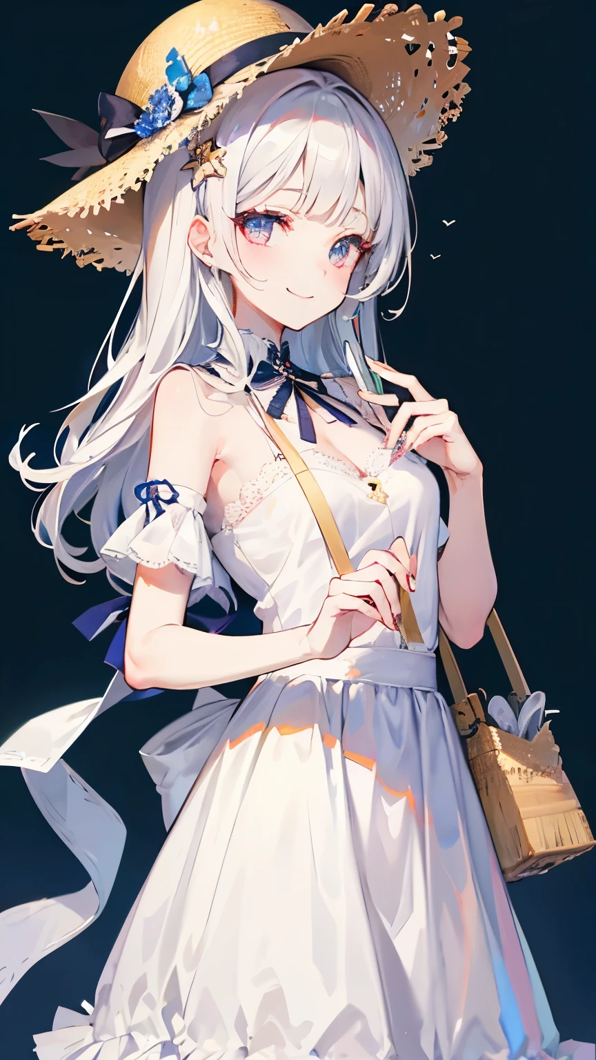 Alisa Mikhailovna Kujo、Glowing Eyes、Smooth skin、The best smile、Angel、Clothes are white dresses、One Girl、Wicked Smile、Devilish、Touching hair with left hand、Thin and beautiful fingers、Wearing a large straw hat、In her right hand she is holding a small bag、White and navy blue background