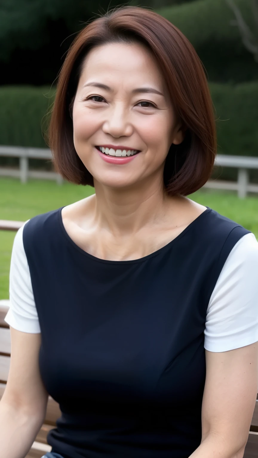 sitting on a park bench, Wrinkles around the eyes, Smiling with teeth showing, Plain short-sleeved clothing, senior citizen, Draw lips correctly, Red lipstick, No discomfort, 16K, Highest quality, Very detailed, Realistic, Very detailed肌, Japanese, alone, 60 years old, Large Breasts, , Glamour, sexy, , Staring straight ahead,