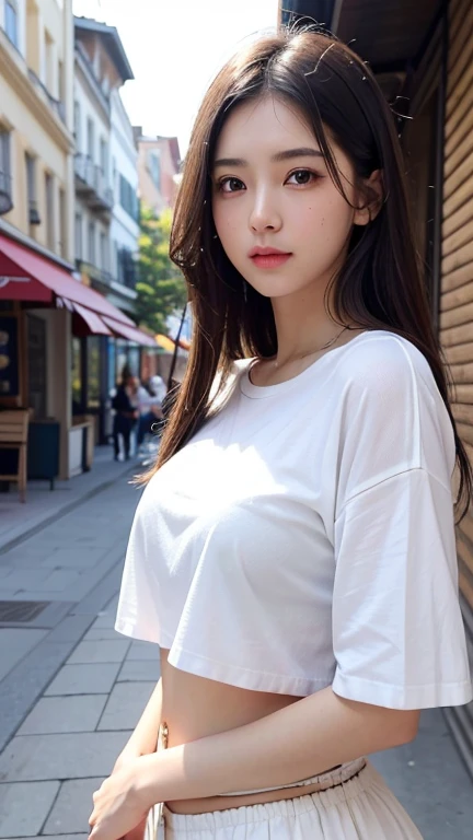 8k, artwork, Highest quality, Realistic, Very detailed, 1 girl, Realistic skin texture, ((垂れDownがった大きな胸:1.4)), (A loose white t-shirt),I can see my belly button、sexy, Her erect nipples are visible through the, Down , Micro Mini Slit Skirt, , Cinema Lighting, Face Focus, Narrow eyes, Facial details, Bright Face, Light of the sun, Outdoor cafe in the background, Low angle shot, Downからの眺め
#Create a great background for your scene. The woman is posing confidently, Exudes elegance and dignity. Add a playful touch to a sophisticated look. The rooftops are shining with the warm city lights, The presence of bright neon lights dotting the horizon、The atmosphere increases。.。. 画像はHighest qualityです, シャープなフォーカスとVery detailedな機能, Capturing every nuance of a woman'Facial expressions and surroundings. The overall effect is realistic and immersive, HDR rendering enhances rich colors and textures.