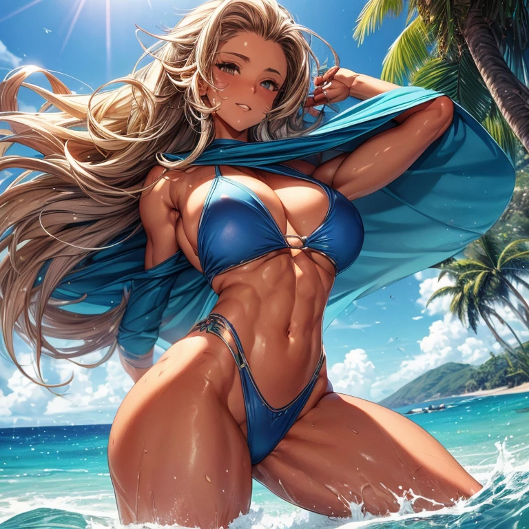 A confident and radiant female surfer, her hair a wild tapestry of golden curls kissed by the sun, emerging from the aquatic embrace of a turquoise ocean. Her eyes, a piercing blue that mirrors the sky above, are filled with the excitement of the moment as she rides the crest of a majestic wave, carving an elegant line across its face. Her physique, a testament to countless hours honing her craft, is outlined by a scanty bikini that leaves little to the imagination, the fabric clinging to her skin as if painted on by the very sea she commands. The wave itself is a marvel of nature, a swelling crescendo of power and beauty, frozen in time just before it crashes into a symphony of white foam. The surfer's toned arms are outstretched, her fingers splayed, as if she's not just riding the wave but dancing with it, in a passionate pas de deux of human and element. Her legs, muscular and tanned, are bent at the knees, poised for the next move in this fluid ballet. The sea around her is a canvas of blues, from the deep navy of the horizon to the electric cerulean of the shallows, all playing with the light in a dazzling display of nature's artistry. The beach in the background is a strip of untouched sand, lined with swaying palms that whisper the secrets of the tropical paradise. The scene is suffused with a soft, warm glow that suggests the photograph was taken at the zenith of a glorious summer day, the sun casting a soft halo around the surfer, making her seem almost ethereal. The overall effect is one of liberation and connection, a celebration of the female form in harmony with the ocean's untamed spirit.