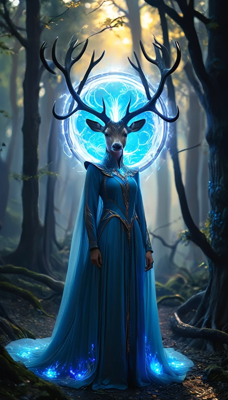 in a forest environment, The image represents a mystical being with a set of antlers composed of light. Each side of the being has six antlers that extend back to form a circular pattern.. The figure is dressed in a blue robe with a luminous circular decoration on the chest., giving the figure a majestic aura. This entity in blue tones supports the theme of nobility., with multiple elongated train-like extensions emanating from the dress... A distinctive feature of the being is what appears to be a glowing blue eye.., adding to the magical essence of the character, which is amplified by incorporating a glow, expansion and contraction of blue light in the chest, similar to a plasma ball. The being occupies a path between imposing gray trees, giving a mysterious and somewhat disturbing atmosphere to the scene. The overall images convey a powerful sense of enigma and supernatural presence., alluding to an extraordinary and mysterious essence.
