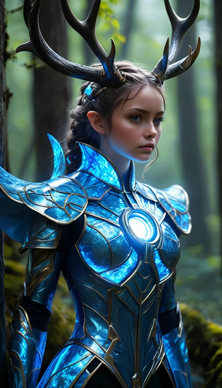 in a forest environment, The image represents a mystical being with a set of antlers composed of light. Each side of the being has six antlers that extend back to form a circular pattern.. The figure is dressed in a blue robe with a luminous circular decoration on the chest., giving the figure a majestic aura. This entity in blue tones supports the theme of nobility., with multiple elongated train-like extensions emanating from the dress... A distinctive feature of the being is what appears to be a glowing blue eye.., adding to the magical essence of the character, which is amplified by incorporating a glow, expansion and contraction of blue light in the chest, similar to a plasma ball. The being occupies a path between imposing gray trees, giving a mysterious and somewhat disturbing atmosphere to the scene. The overall images convey a powerful sense of enigma and supernatural presence., alluding to an extraordinary and mysterious essence.