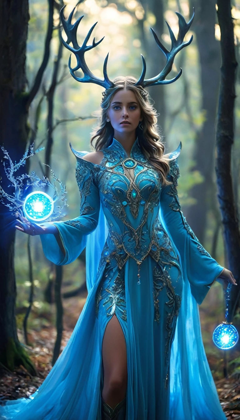 in a forest environment, The image represents a mystical being with a set of antlers composed of light. Each side of the being has six antlers that extend back to form a circular pattern.. The figure is dressed in a blue robe with a luminous circular decoration on the chest., giving the figure a majestic aura. This entity in blue tones supports the theme of nobility., with multiple elongated train-like extensions emanating from the dress... A distinctive feature of the being is what appears to be a glowing blue eye.., adding to the magical essence of the character, which is amplified by incorporating a glow, expansion and contraction of blue light in the chest, similar to a plasma ball. The being occupies a path between imposing gray trees, giving a mysterious and somewhat disturbing atmosphere to the scene. The overall images convey a powerful sense of enigma and supernatural presence., alluding to an extraordinary and mysterious essence.