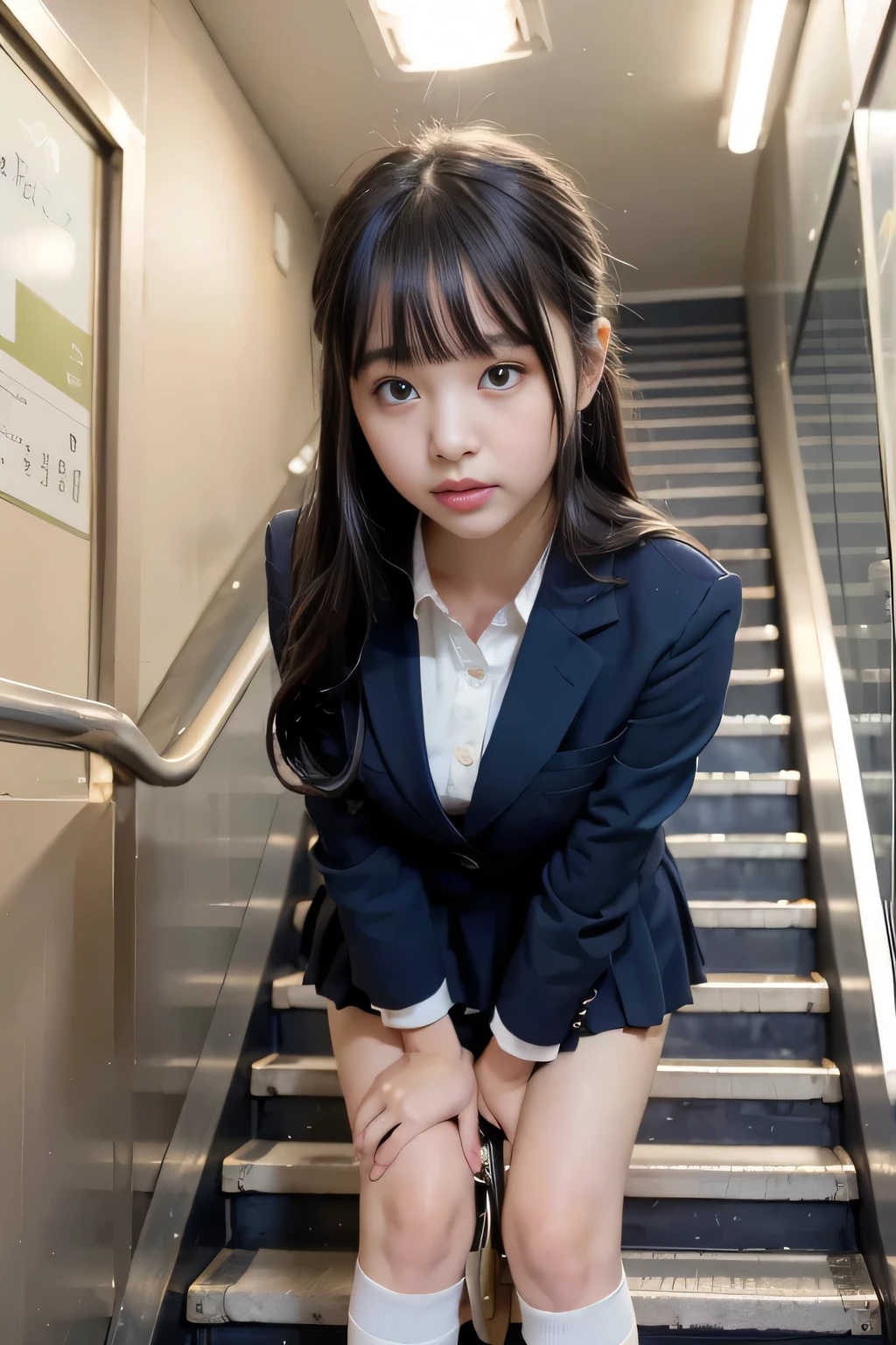 ((Highest quality)), ((masterpiece)), (Familiar),  A high school girl riding an escalator on her way to school、Glare、Navy Blazer、mini skirt、Navy blue socks、(Rear view)、Secret photos、(View from directly below)、Navy blue socksのクローズアップ、Station Escalator、Everybody line up on the left、Face only