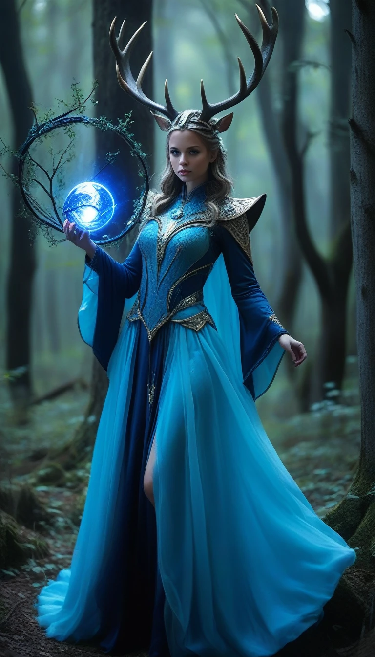 in a forest environment, The image represents a mystical being with a set of antlers composed of light. Each side of the being has six antlers that extend back to form a circular pattern.. The figure is dressed in a blue robe with a luminous circular decoration on the chest., giving the figure a majestic aura. This entity in blue tones supports the theme of nobility., with multiple elongated train-like extensions emanating from the dress... A distinctive feature of the being is what appears to be a glowing blue eye.., adding to the magical essence of the character, which is amplified by incorporating a glow, expansion and contraction of blue light in the chest, similar to a plasma ball. The being occupies a path between imposing gray trees, giving a mysterious and somewhat disturbing atmosphere to the scene. The overall images convey a powerful sense of enigma and supernatural presence., alluding to an extraordinary and mysterious essence.