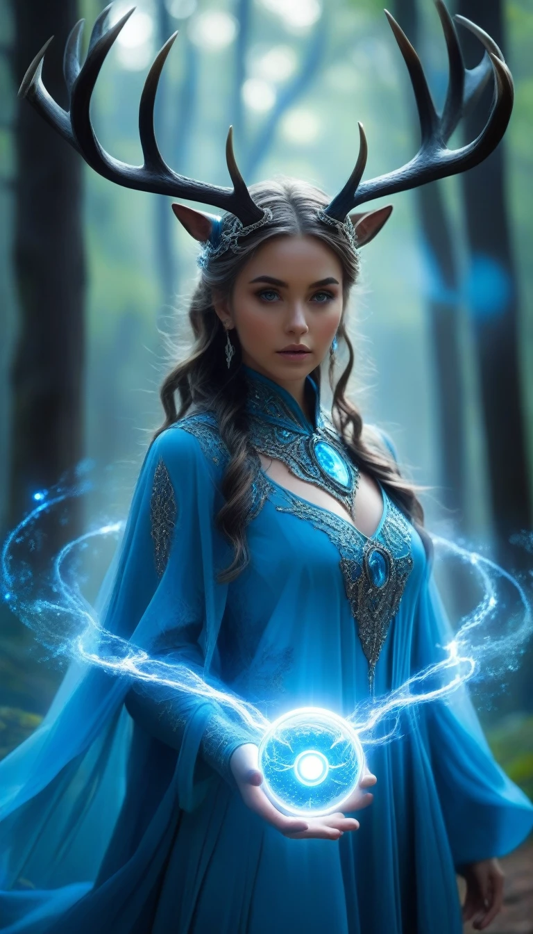 in a forest environment, The image represents a mystical being with a set of antlers composed of light. Each side of the being has six antlers that extend back to form a circular pattern.. The figure is dressed in a blue robe with a luminous circular decoration on the chest., giving the figure a majestic aura. This entity in blue tones supports the theme of nobility., with multiple elongated train-like extensions emanating from the dress... A distinctive feature of the being is what appears to be a glowing blue eye.., adding to the magical essence of the character, which is amplified by incorporating a glow, expansion and contraction of blue light in the chest, similar to a plasma ball. The being occupies a path between imposing gray trees, giving a mysterious and somewhat disturbing atmosphere to the scene. The overall images convey a powerful sense of enigma and supernatural presence., alluding to an extraordinary and mysterious essence.