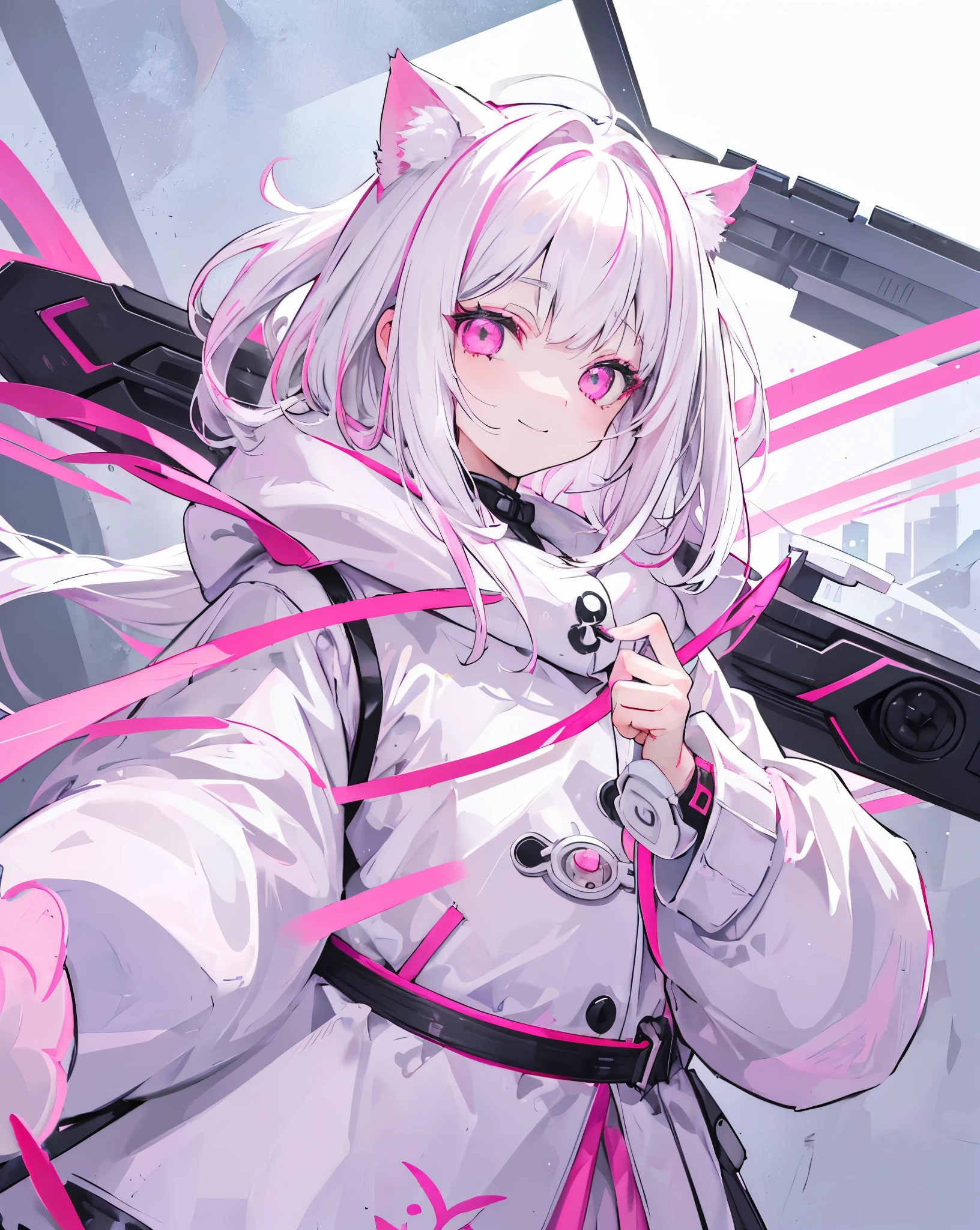 1Girl、((1girl pink Eyes white hair))、((1 girl pink accent eyes white hair)) ,cat ear hood、ember、parka. Colors: pink  . She's smiling. 