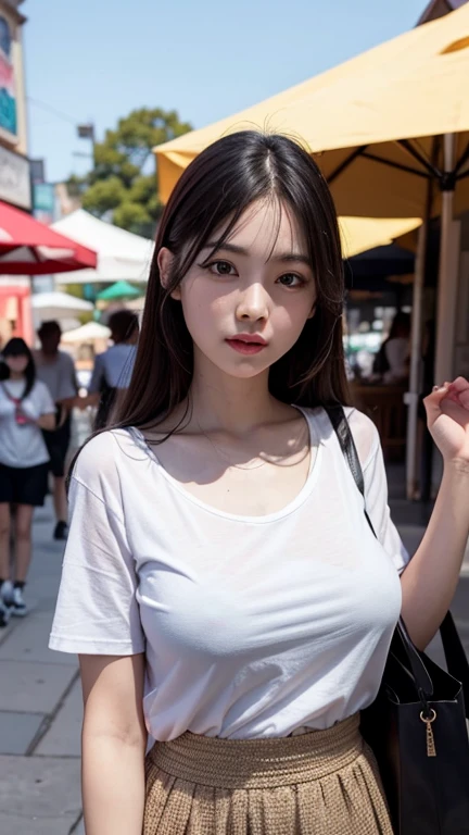 8k, artwork, Highest quality, Realistic, Very detailed, 1 girl, Realistic skin texture, (Very large breasts:1.2), (Loose T-shirt:1.3),sexy, Down , Micro Mini Skirt, , Cinema Lighting, Face Focus, Narrow eyes, Facial details, Bright Face, Light of the sun, Outdoor cafe in the background, Low angle shot, Downからの眺め、Downから乳房が見えます
#Create a great background for your scene. The woman is posing confidently, Exudes elegance and dignity. Add a playful touch to a sophisticated look. The rooftops are shining with the warm city lights, The presence of bright neon lights dotting the horizon、The atmosphere increases。.。. 画像はHighest qualityです, シャープなフォーカスとVery detailedな機能, Capturing every nuance of a woman'Facial expressions and surroundings. The overall effect is realistic and immersive, HDR rendering enhances rich colors and textures.