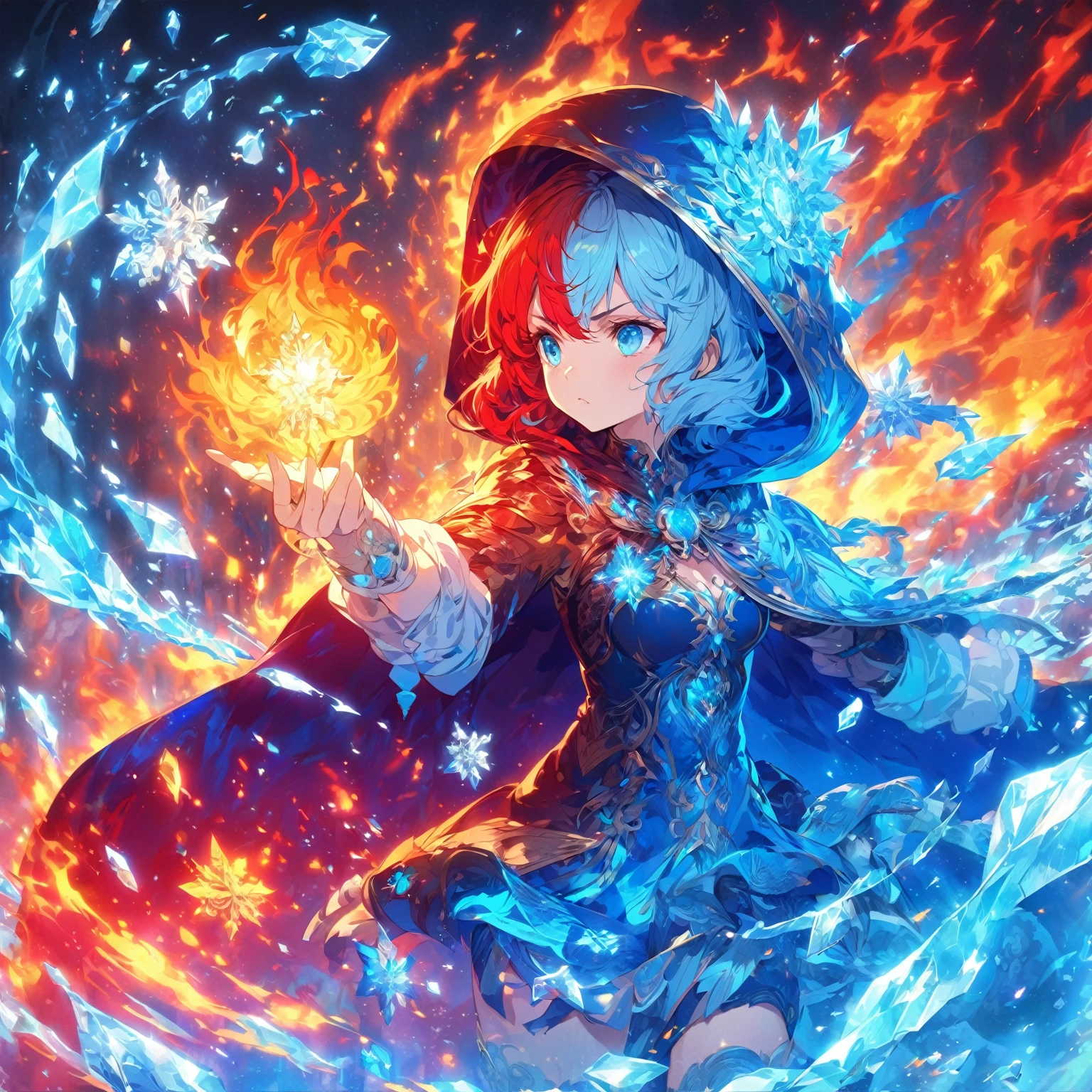 A  lady with blue and red hair, wearing a dark hooded cloak with intricate golden patterns, holding a burning fire in her hand, medium breasts, thick, form-fitting bodysuit, (nude:0.9), NSFW, surrounded by swirling flames and ice crystals, dressed in a detailed outfit with blue and white accents, displaying a determined expression, standing against a dark background illuminated by the fiery and icy elements , detailed gorgeous face| anime style| key visual| intricate detail| highly detailed| breathtaking| vibrant| panoramic| cinematic| Carne Griffiths| Conrad Roset| gibbli 8k