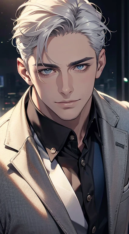 (best quality,4k,8k,highres,masterpiece:1.2),ultra-detailed,(realistic,photorealistic,photo-realistic:1.37),1 man,31 years old,mature man,very handsome,without expression,smile,short grey white hair,blue eyes,penetrating gaze,perfect face without errors,imposing posture,businessman,office background,cinematic lighting,hdr image