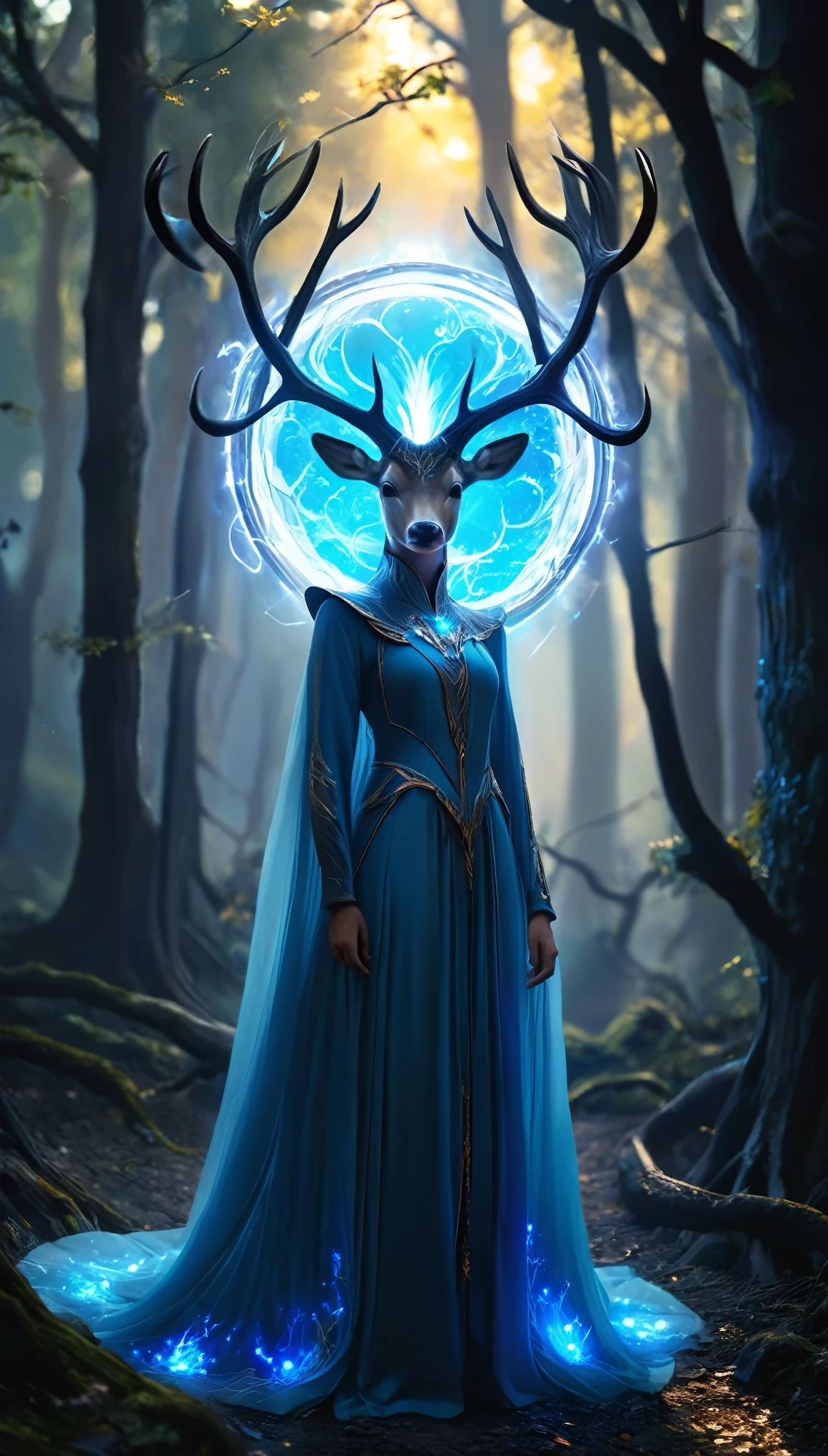 in a forest environment, The image represents a mystical being with a set of antlers composed of light. Each side of the being has six antlers that extend back to form a circular pattern.. The figure is dressed in a blue robe with a luminous circular decoration on the chest., giving the figure a majestic aura. This entity in blue tones supports the theme of nobility., with multiple elongated train-like extensions emanating from the dress... A distinctive feature of the being is what appears to be a glowing blue eye.., adding to the magical essence of the character, which is amplified by incorporating a glow, expansion and contraction of blue light in the chest, similar to a plasma ball. The being occupies a path between imposing gray trees, giving a mysterious and somewhat disturbing atmosphere to the scene. The overall images convey a powerful sense of enigma and supernatural presence., alluding to an extraordinary and mysterious essence.