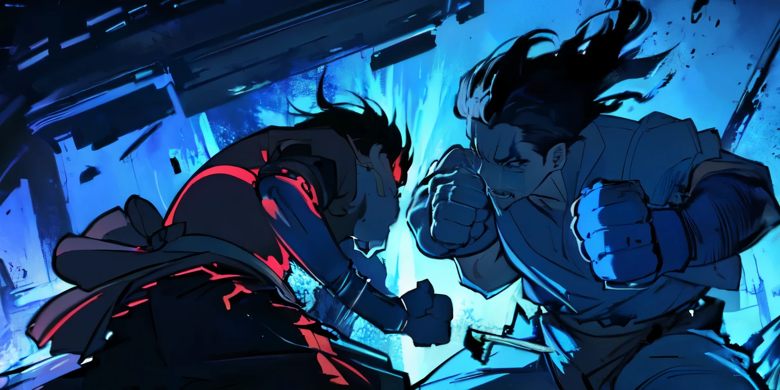 masterpiece,Best Quality,heavy fists, powerful explosive power, dynamic lines,hooks,Difficult lines of action,fierce expression,
(Dark theme,Blue theme,dark blue fire:1.4),(fire,:1.3),
perfect girl,fires attached to the body, bright amber eyes,perfect detailed lighting,messy hair,(punch:1.5), (Screen destruction effect appears where the fist hits.:1.5) fight scene