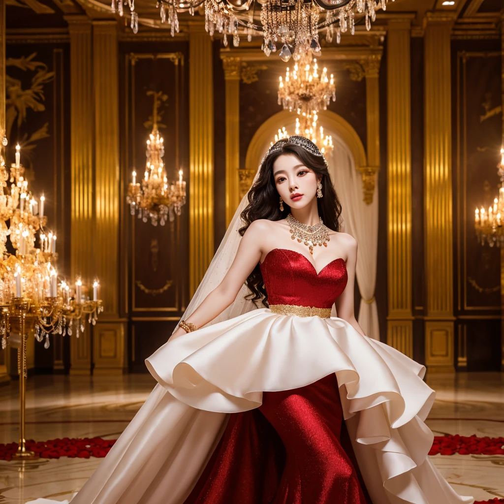 a beautiful korean girl wearing a red and black shoulder off knee length tight fitting wedding dress, detailed face with beautiful eyes, nose, and lips, long eyelashes, flowing hair, elegant posture, standing in a lavish ballroom interior with chandeliers, gold decor, and marble floors, (best quality,4k,8k,highres,masterpiece:1.2),ultra-detailed,(realistic,photorealistic,photo-realistic:1.37),cinematic lighting,dramatic colors,renaissance painting style