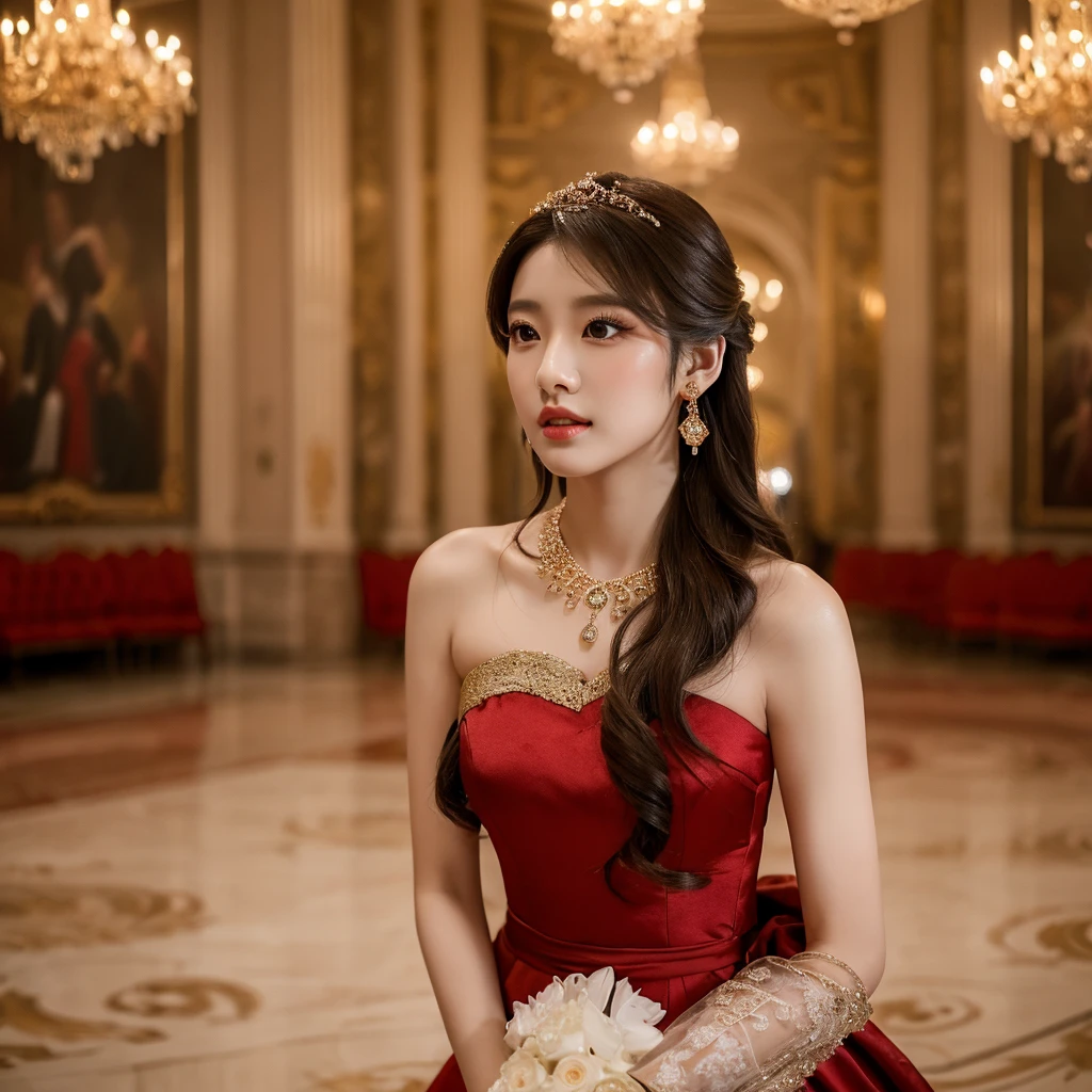 a beautiful korean girl wearing a red and black shoulder off knee length tight fitting wedding dress, detailed face with beautiful eyes, nose, and lips, long eyelashes, flowing hair, elegant posture, standing in a lavish ballroom interior with chandeliers, gold decor, and marble floors, (best quality,4k,8k,highres,masterpiece:1.2),ultra-detailed,(realistic,photorealistic,photo-realistic:1.37),cinematic lighting,dramatic colors,renaissance painting style