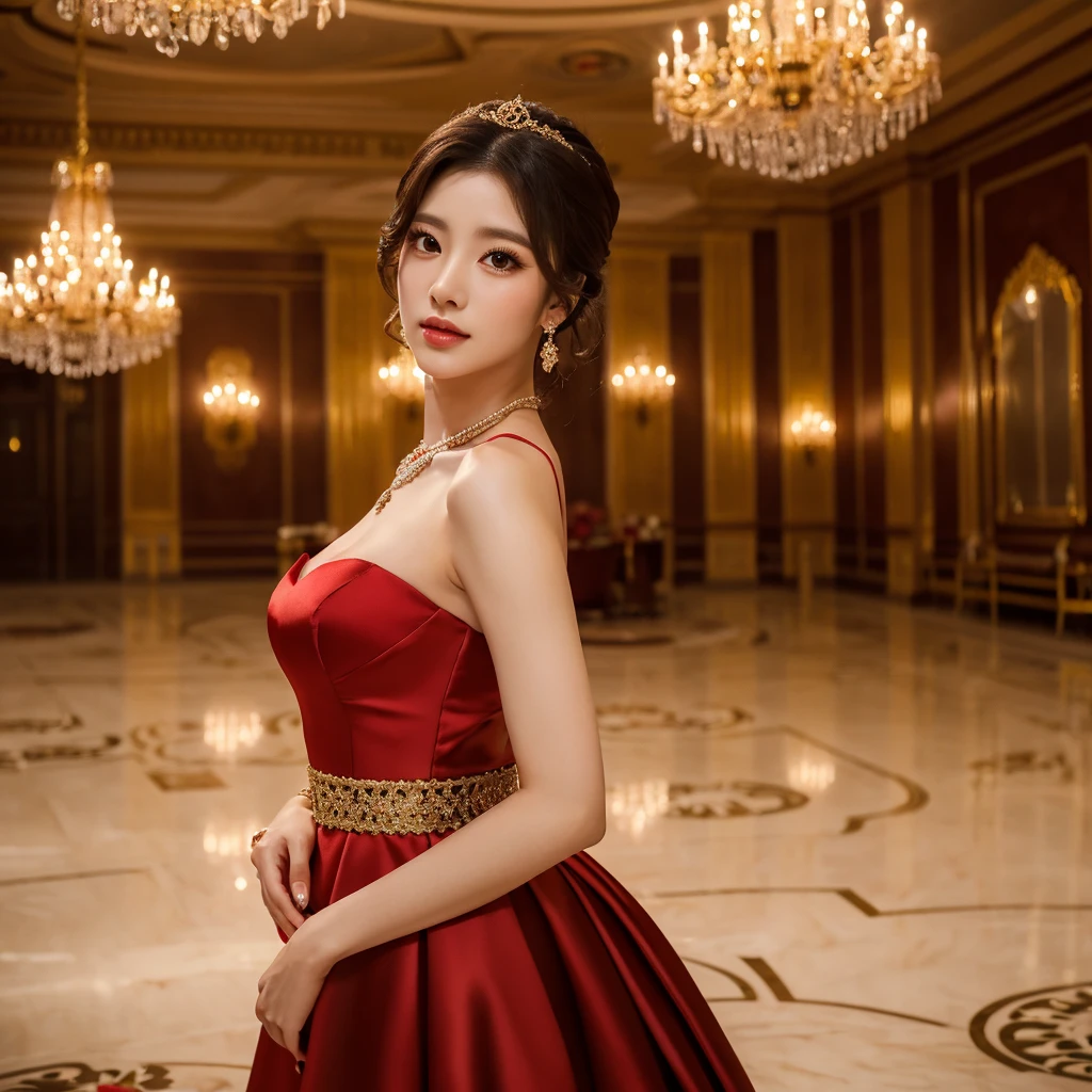 a beautiful korean girl wearing a red and black shoulder off knee length tight fitting wedding dress, detailed face with beautiful eyes, nose, and lips, long eyelashes, flowing hair, elegant posture, standing in a lavish ballroom interior with chandeliers, gold decor, and marble floors, (best quality,4k,8k,highres,masterpiece:1.2),ultra-detailed,(realistic,photorealistic,photo-realistic:1.37),cinematic lighting,dramatic colors,renaissance painting style