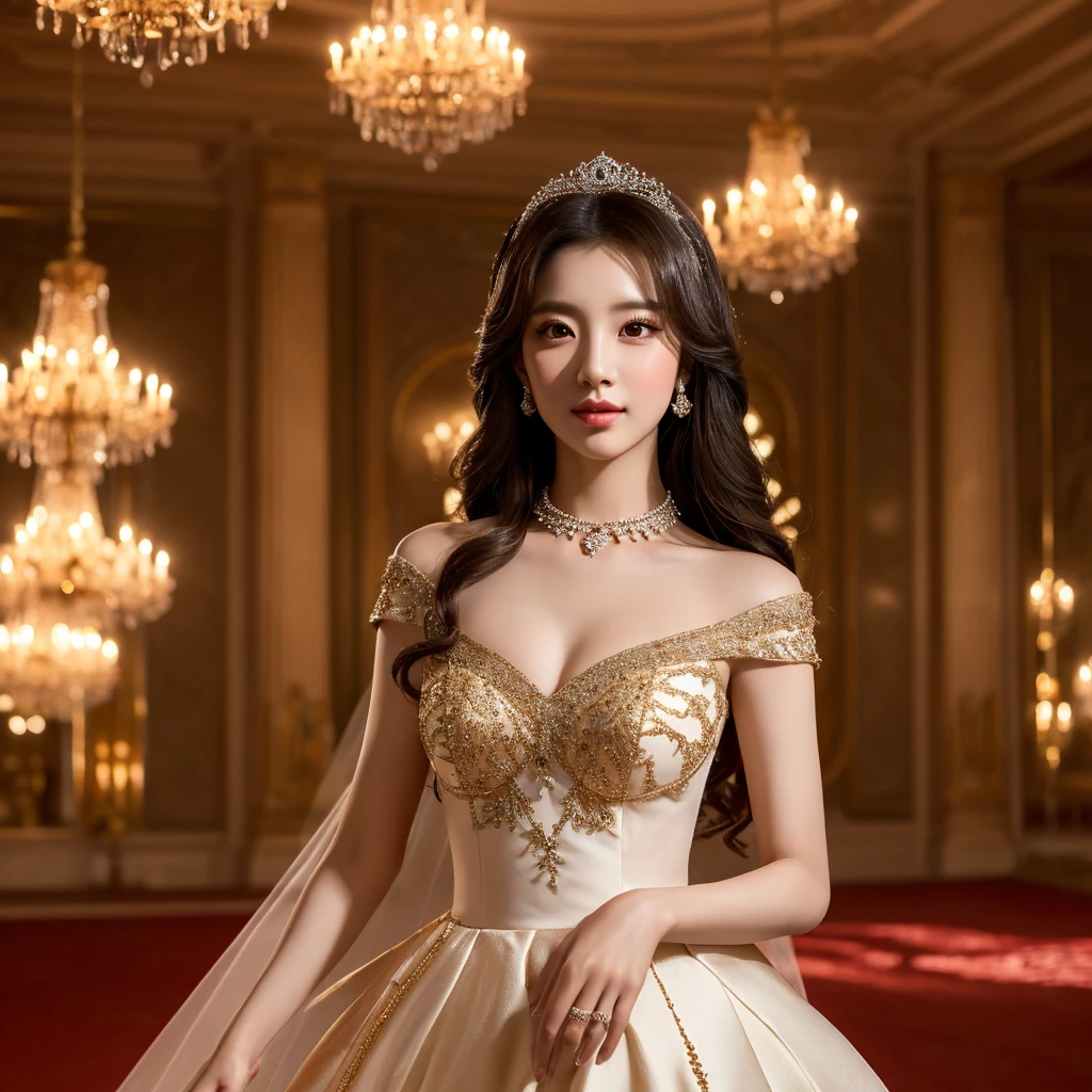 a beautiful korean girl wearing a red and black shoulder off knee length tight fitting wedding dress, detailed face with beautiful eyes, nose, and lips, long eyelashes, flowing hair, elegant posture, standing in a lavish ballroom interior with chandeliers, gold decor, and marble floors, (best quality,4k,8k,highres,masterpiece:1.2),ultra-detailed,(realistic,photorealistic,photo-realistic:1.37),cinematic lighting,dramatic colors,renaissance painting style