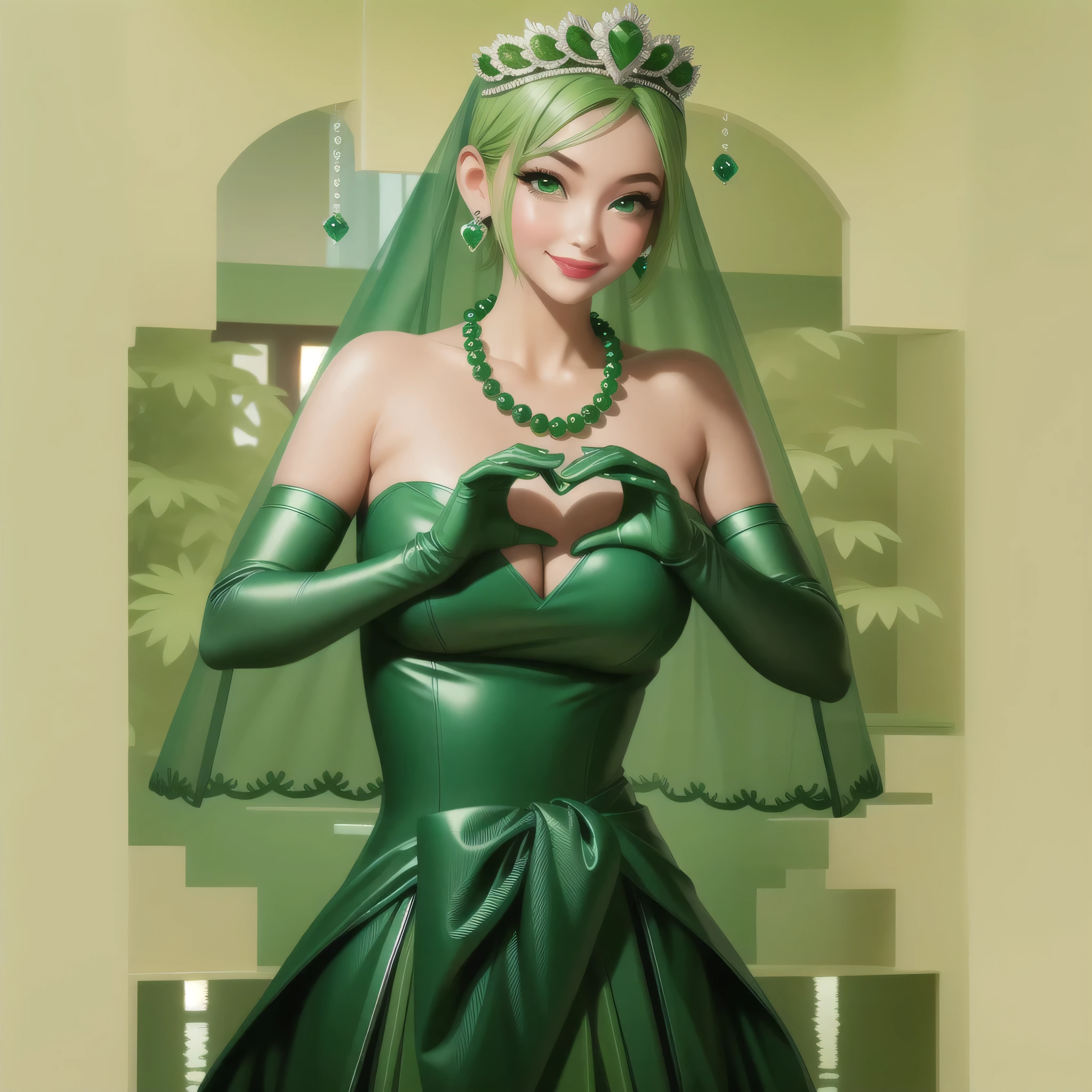 Emerald tiara, Green Pearl Necklace, Boyish very short green hair, Green Lips, Smiling Japanese woman, Very short hair, Busty beautiful lady, Green Eyes, Green satin long gloves, Green Eyes, Emerald Earrings, Green veil, Heart with both hands, Green Hair, Beautiful Japanese Woman, Heart shaped hands:1.3, green lip gloss