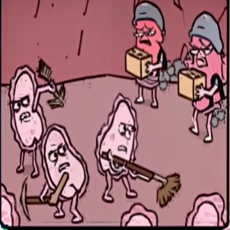cartoon of a group of people with boxes and a man with a broom, Bryan Lee O’Malley, pink slime everywhere, video game scene, giga chad crying, film still from an cartoon, inspired Direction: Philip Guston, spongy, BRAINS, Direction: Philip Guston, existential dread, de Rick e Morty, this is hell, animated film still