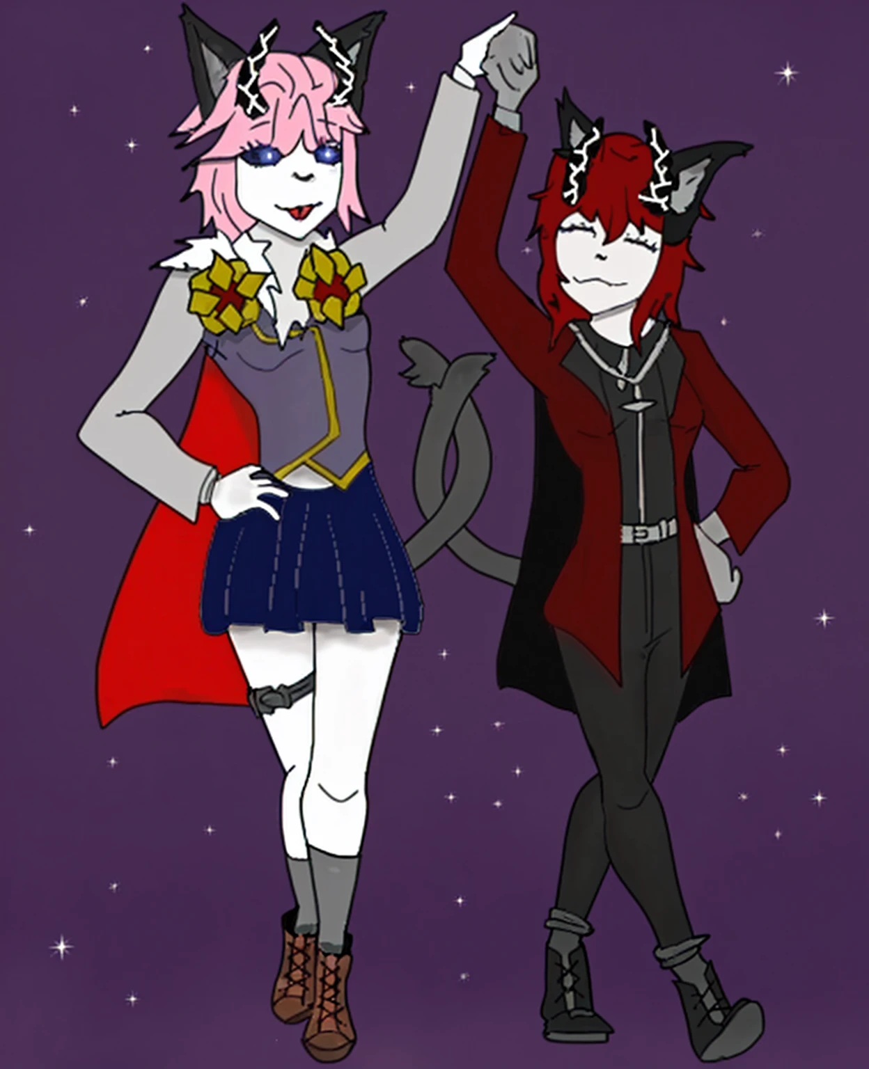 Anime characters in costumes and costumes with a cat, dance together, Queen and ruler of the universe, dressed in crust punk clothing, two characters, Night time!, !anthropomorph!, wear smart clothes, a humanoid cat girl duo, two anthropomorphic cat girls holding hands, medium shot of two characters dancing together, アニメ, detailed eyes, extremely detailed facial features, long eyelashes, dynamic dance poses, flowing hair, colorful fantasy outfit, dreamlike atmosphere, Space background, space background, cosmic background, cosmic background, 2 cat demons with broken black horns, cat demon with red coat wearing an black shirt beneat, cat demon with space themed eyes, red cape, blue skirt, broken black horns, cat ears