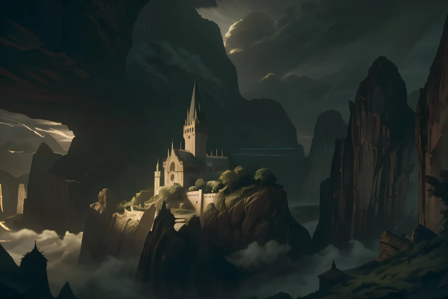 ((best quality)), ((masterpiece)), (detailed), a fantasy gothic castle in a narrow gorge surrounded by mountain, detailed castle architecture, towering spires, medieval style, lush vegetation, mysterious atmosphere, dramatic lighting, cinematic composition, epic scale, highly detailed, 8k, photorealistic, dramatic shadows, glowing windows, moody skies, intricate stonework, weathered textures