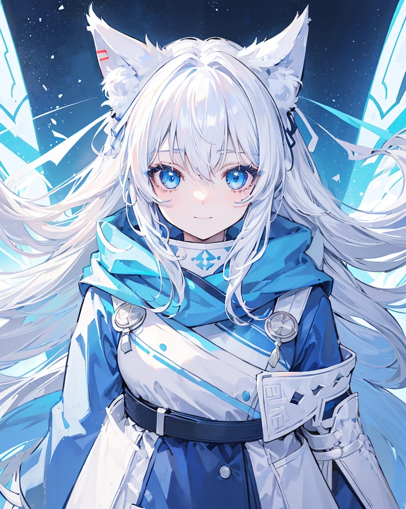 1Girl、((1girl light-blue Eyes white hair))、((1 girl light-blue accent eyes white hair)) ,cat ear hood、ember、parka. Colors: light-blue . She's smiling.
