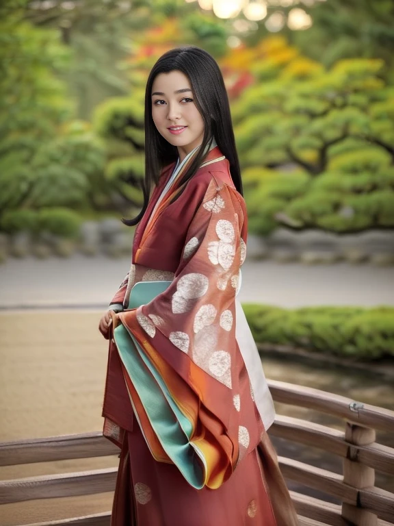 Front view , ((Full-body, standing on garden), a Japanese ancient girl, looking at viewer, beautiful Japanese Young General, girl is 20 years old, (Highly detailed face, Black hair ,Brown eye, Variegated eyes, Fuller lips, little Lips, little smile), (middle breasts, middle hip), (Japanese kimono, flower pattern), standing in Japanese Palace, near Garden, sunset ,(masterpiece, Highest quality, masterpiece, God-like quality, Godly art, , Very realistic)