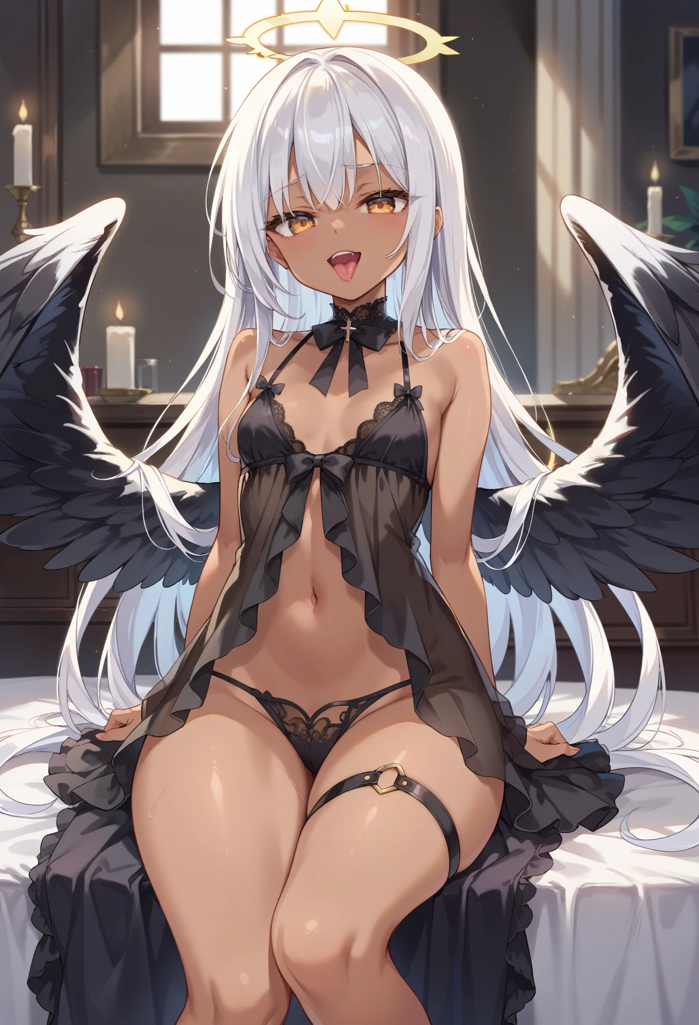 Score_9, score_8_up, 4k, 8k, detailed face, source_anime, smug angel girl with small breasts, pretty girl, thick thighs, white hair, long hair, fallen (black wings:1.5), angel wings, black outfit, black babydoll, see-through outfit, inside heaven, wet tongue, moaning, open mouth, (dark skin), broken halo, amber eyes,