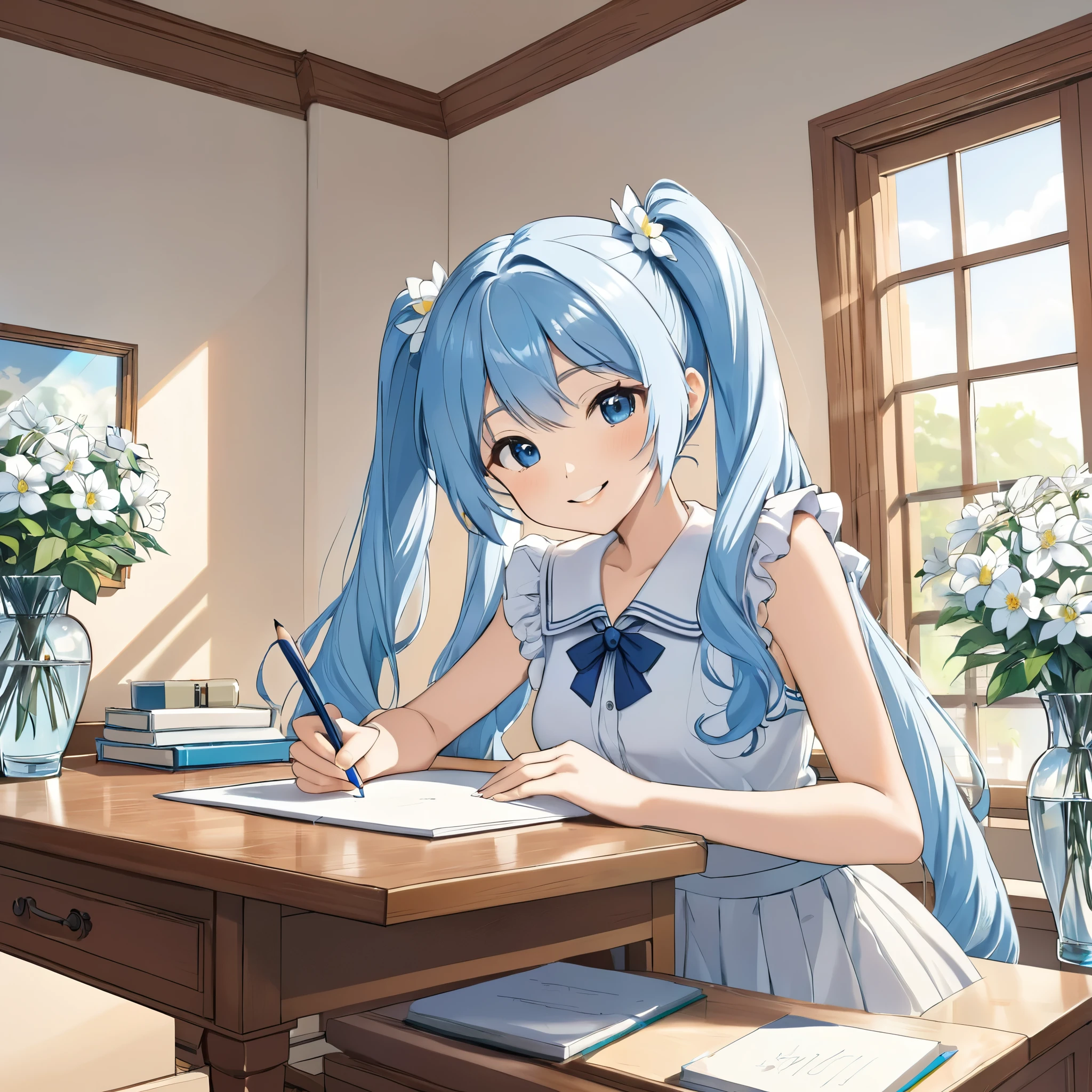Light blue long hair、Beautiful girl with twin tails、 Desk lamp lighting, A bright, sunny room、White margaret flowers are displayed on the windowsill.、I am studying、Bright smile、Wooden desk, pencil, Note, Fine brushwork, Realistic style, perspective, 4K resolution、