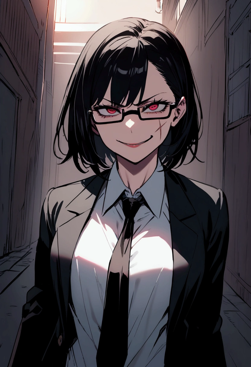 Adult woman, business suit and tie, long black hair, square glasses, narrow eyes, black gloves, scar on right cheek, malicious smile