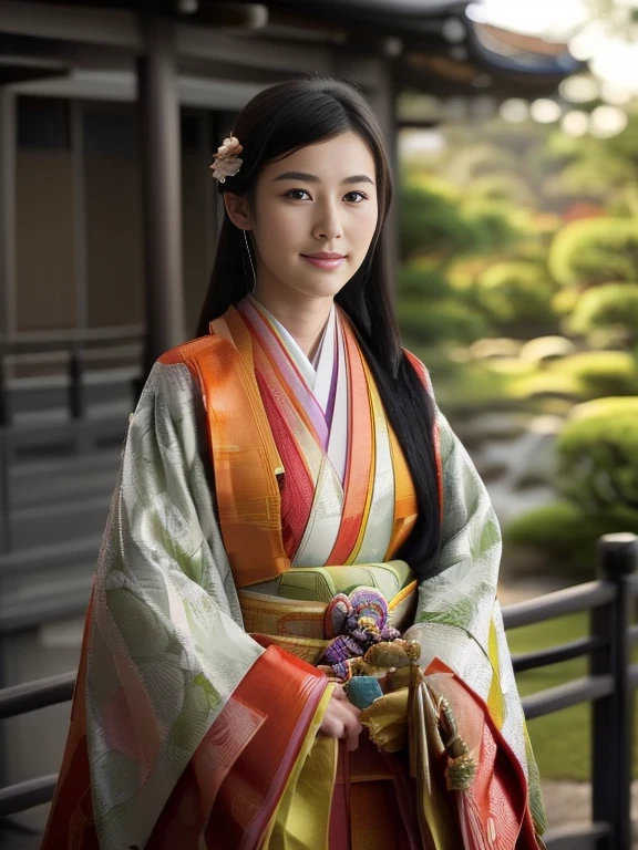 Front view , ((standing on garden), a Japanese ancient girl, looking at viewer, beautiful Japanese Young General, girl is 20 years old, (Highly detailed face, Black hair ,Brown eye, Variegated eyes, Fuller lips, little Lips, little smile), (middle breasts, middle hip), (Japanese kimono, flower pattern), standing in Japanese Palace, near Garden, sunset ,(masterpiece, Highest quality, masterpiece, God-like quality, Godly art, , Very realistic)
