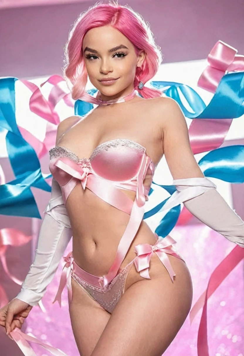 ((high quality:1.2)), (8k), extremely detailed, ((High detail:1.2)), ((best resolution:1.4)), (Elsa Jean with pink hair), Solo, ((24 years old brazilian female:1.45)), ((gift ribbons outfit)), (perfect hot robust body), (standing),