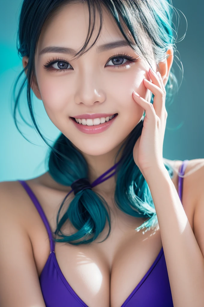 Gravure pose、high quality, real、High resolution, Realistic、8k、masterpiece, detailed.impressive, Cutting-edge female photography portraits, Ultra Small Bikini、smile,enjoy、sexy、Looking at the camera、Facing forward、cyan, and purple, Her vibrant makeup really catches the eye.. Her colorful hair is tied up high,