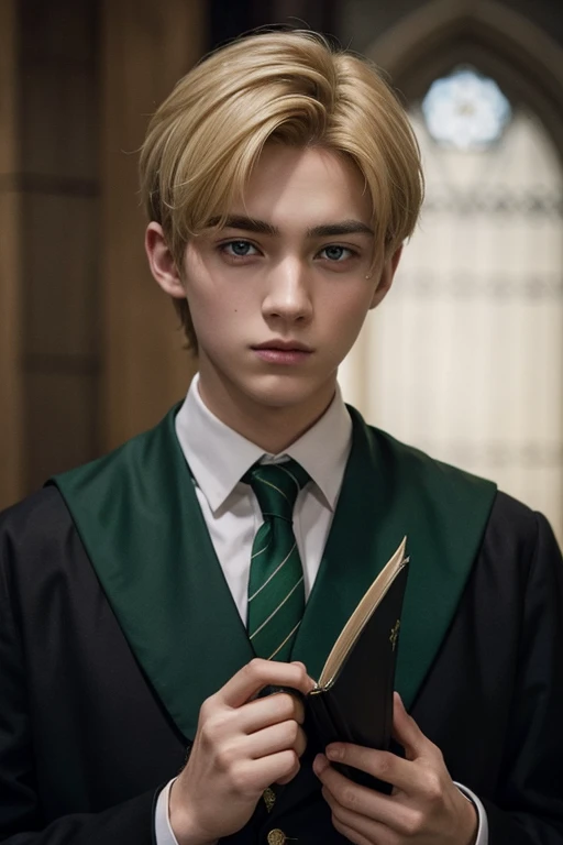man from Hogwarts, wearing a Slytherin uniform, blonde short hair, brown eyes, 17 years old, attracrive, very dark vibe