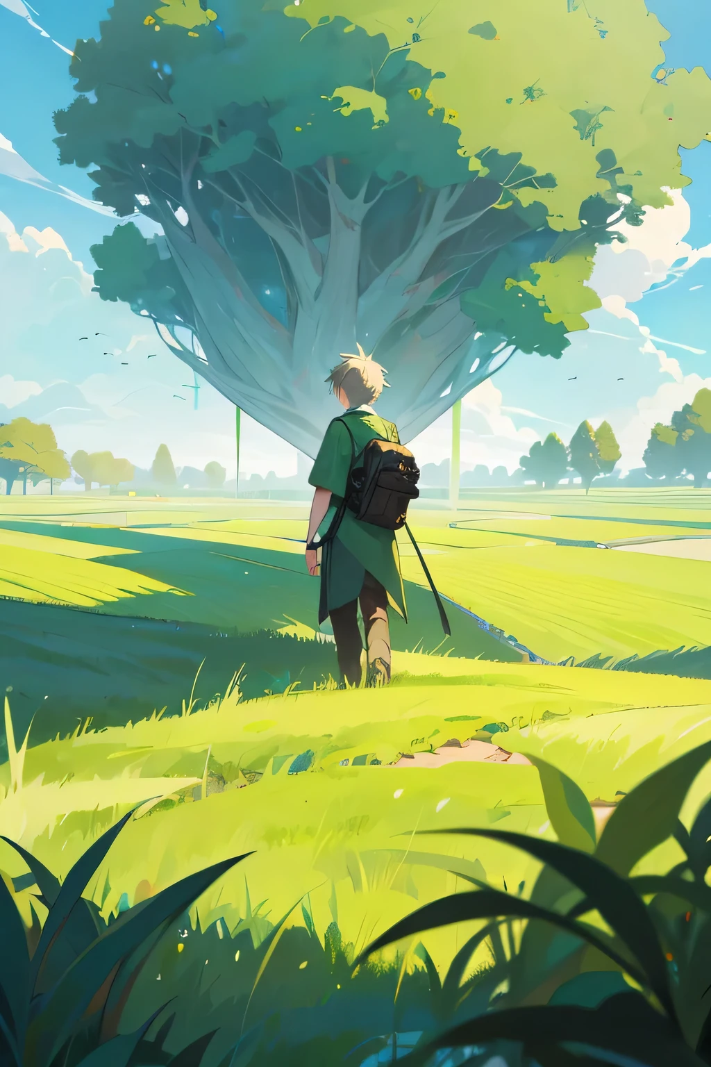 create an image with a and a boy in the big green field
