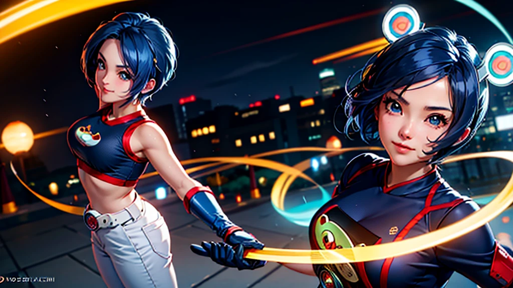 
(at night), in a video game scene, a background of a beautiful city during the day raining, standing at attention, semi-short blue hair, blouse with an anime frog face, white flared pants, wearing blue fingerless exercise gloves, has round goggles on her head, huge belt with a round eyeglass, ((blue hair)), 1 girl, alone, 20 years old, young woman, perfect hands, beautiful fingers, beautiful long legs, beautiful body, beautiful nose, beautiful design of characters, perfect face, looking at the viewer with serious gesture (focusing on his face), closed mouth, Light_Smile, official art, extremely detailed CG unity 8k wallpaper, perfect lighting, bright and colorful front lighting, glowing skin (masterpiece : 1.0), (best_quality: 1.0), ultra high resolution, 4K, ultra detailed photography, 8K, HDR, high resolution, nonsense:1.2, Kodak portra 400, film grain, background blur, bokeh:1.2, lens flare, (vibrant_color:1.2), professional photography, (beautiful_face: 1.5), (narrow waist),
