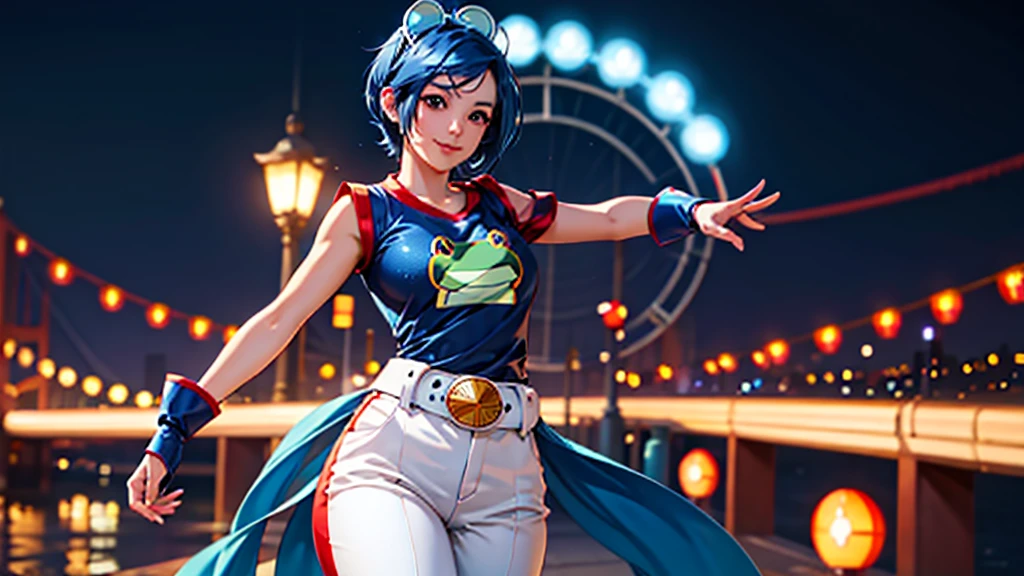 (at night), in a video game scene, a background of a beautiful city during the day raining, standing at attention, semi-short blue hair, blouse with an anime frog face, white flared pants, wearing blue fingerless exercise gloves, has round goggles on her head, huge belt with a round eyeglass, ((blue hair)), 1 girl, alone, 20 years old, young woman, perfect hands, beautiful fingers, beautiful long legs, beautiful body, beautiful nose, beautiful design of characters, perfect face, looking at the viewer with serious gesture (focusing on his face), closed mouth, Light_Smile, official art, extremely detailed CG unity 8k wallpaper, perfect lighting, bright and colorful front lighting, glowing skin (masterpiece : 1.0), (best_quality: 1.0), ultra high resolution, 4K, ultra detailed photography, 8K, HDR, high resolution, nonsense:1.2, Kodak portra 400, film grain, background blur, bokeh:1.2, lens flare, (vibrant_color:1.2), professional photography, (beautiful_face: 1.5), (narrow waist),
