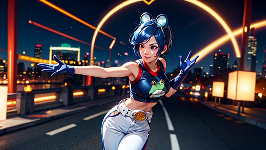 (at night), in a video game scene, a background of a beautiful city during the day raining, standing at attention, semi-short blue hair, blouse with an anime frog face, white flared pants, wearing blue fingerless exercise gloves, has round goggles on her head, huge belt with a round eyeglass, ((blue hair)), 1 girl, alone, 20 years old, young woman, perfect hands, beautiful fingers, beautiful long legs, beautiful body, beautiful nose, beautiful design of characters, perfect face, looking at the viewer with serious gesture (focusing on his face), closed mouth, Light_Smile, official art, extremely detailed CG unity 8k wallpaper, perfect lighting, bright and colorful front lighting, glowing skin (masterpiece : 1.0), (best_quality: 1.0), ultra high resolution, 4K, ultra detailed photography, 8K, HDR, high resolution, nonsense:1.2, Kodak portra 400, film grain, background blur, bokeh:1.2, lens flare, (vibrant_color:1.2), professional photography, (beautiful_face: 1.5), (narrow waist),
