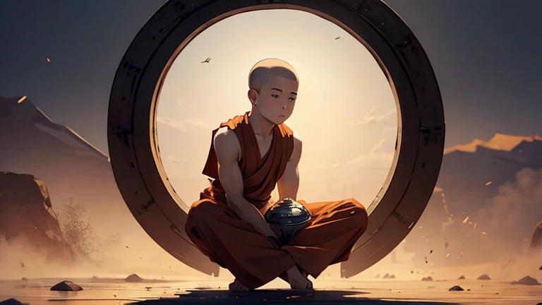 A cute monk boy sitting in meditation position, front view and full body, no other background image.
