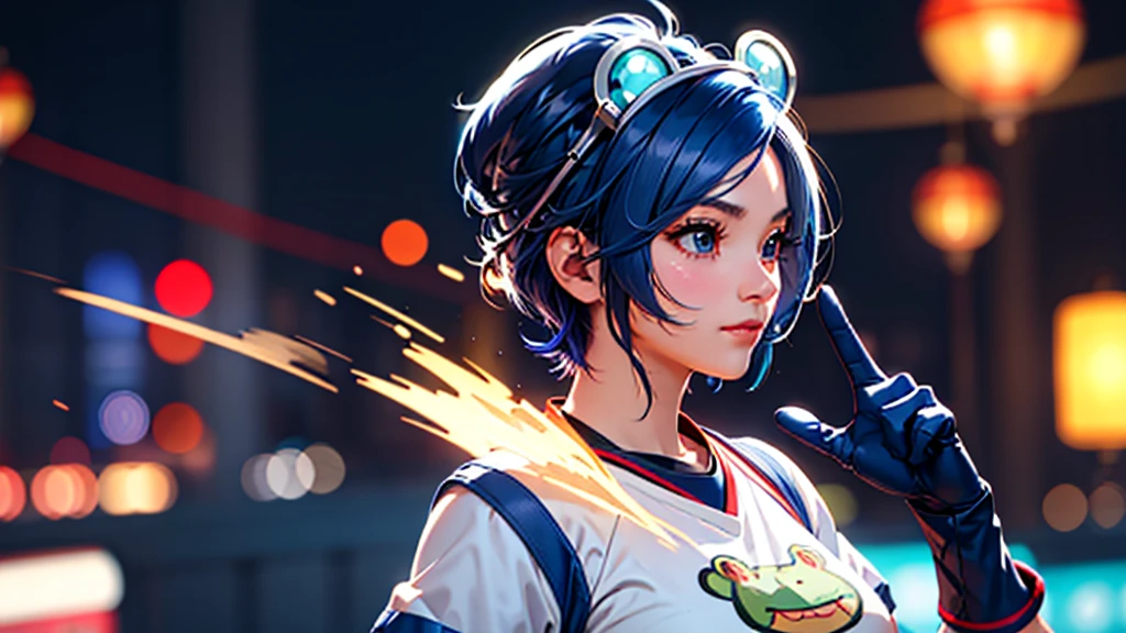 (at night), in a video game scene, a background of a beautiful city during the day raining, standing at attention, semi-short blue hair, blouse with an anime frog face, white flared pants, wearing blue fingerless exercise gloves, has round goggles on her head, huge belt with a round eyeglass, ((blue hair)), 1 girl, alone, 20 years old, young woman, perfect hands, beautiful fingers, beautiful long legs, beautiful body, beautiful nose, beautiful design of characters, perfect face, looking at the viewer with serious gesture (focusing on his face), closed mouth, Light_Smile, official art, extremely detailed CG unity 8k wallpaper, perfect lighting, bright and colorful front lighting, glowing skin (masterpiece : 1.0), (best_quality: 1.0), ultra high resolution, 4K, ultra detailed photography, 8K, HDR, high resolution, nonsense:1.2, Kodak portra 400, film grain, background blur, bokeh:1.2, lens flare, (vibrant_color:1.2), professional photography, (beautiful_face: 1.5), (narrow waist),
