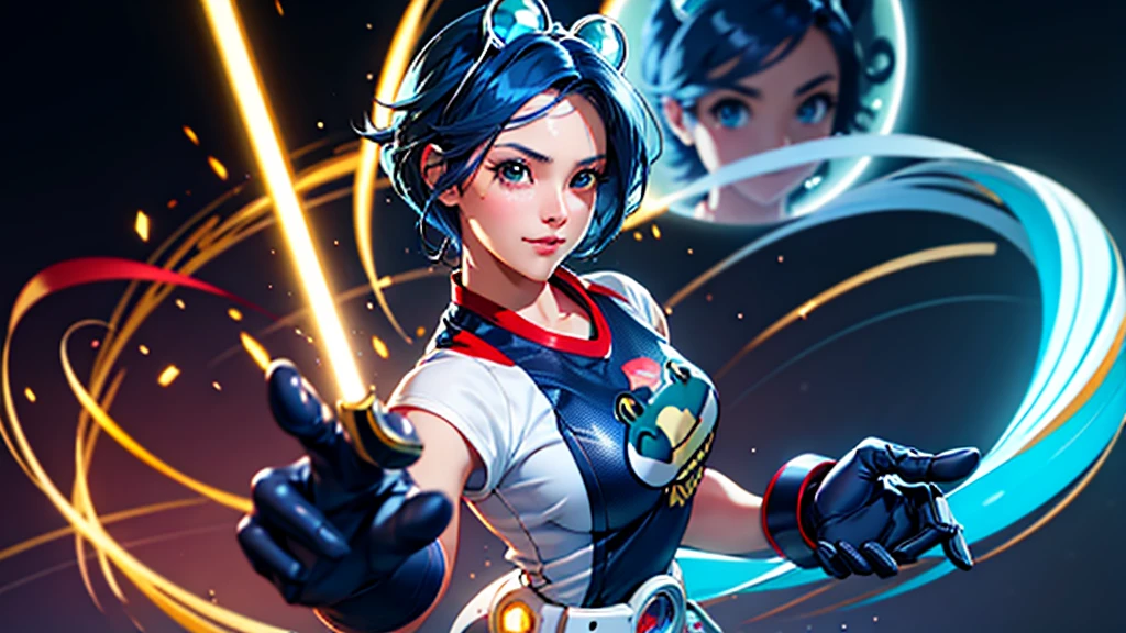 (at night), in a video game scene, a background of a beautiful city during the day raining, standing at attention, semi-short blue hair, blouse with an anime frog face, white flared pants, wearing blue fingerless exercise gloves, has round goggles on her head, huge belt with a round eyeglass, ((blue hair)), 1 girl, alone, 20 years old, young woman, perfect hands, beautiful fingers, beautiful long legs, beautiful body, beautiful nose, beautiful design of characters, perfect face, looking at the viewer with serious gesture (focusing on his face), closed mouth, Light_Smile, official art, extremely detailed CG unity 8k wallpaper, perfect lighting, bright and colorful front lighting, glowing skin (masterpiece : 1.0), (best_quality: 1.0), ultra high resolution, 4K, ultra detailed photography, 8K, HDR, high resolution, nonsense:1.2, Kodak portra 400, film grain, background blur, bokeh:1.2, lens flare, (vibrant_color:1.2), professional photography, (beautiful_face: 1.5), (narrow waist),
